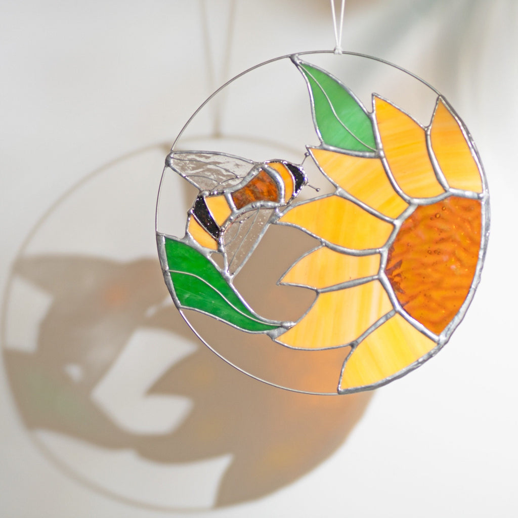 RainLine Iridescent Bee and Sunflower Stained Glass Suncatcher 7in