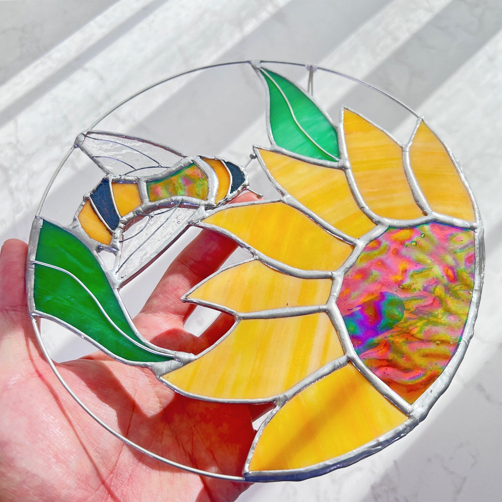 RainLine Iridescent Bee and Sunflower Stained Glass Suncatcher 7in