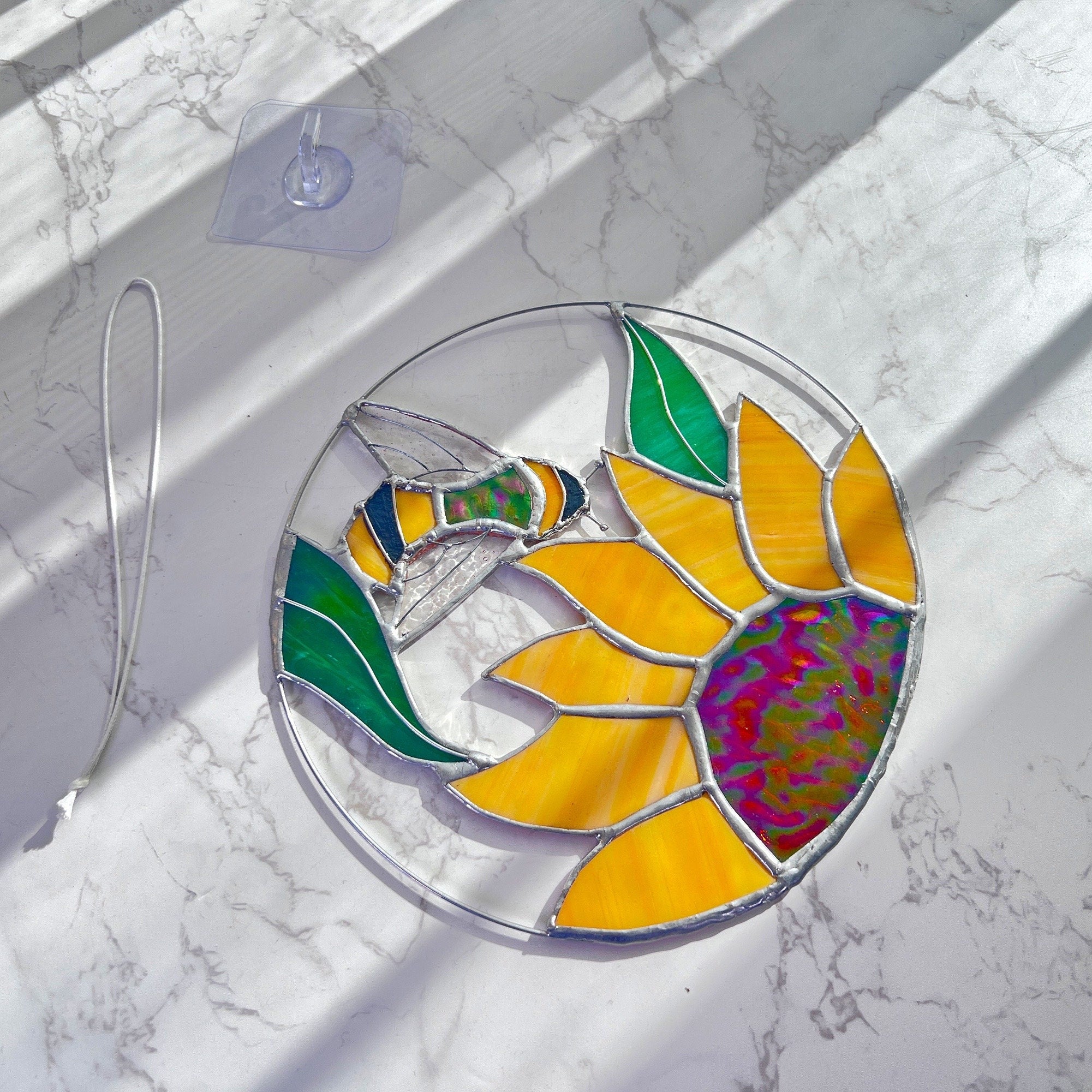 RainLine Iridescent Bee and Sunflower Stained Glass Suncatcher 7in
