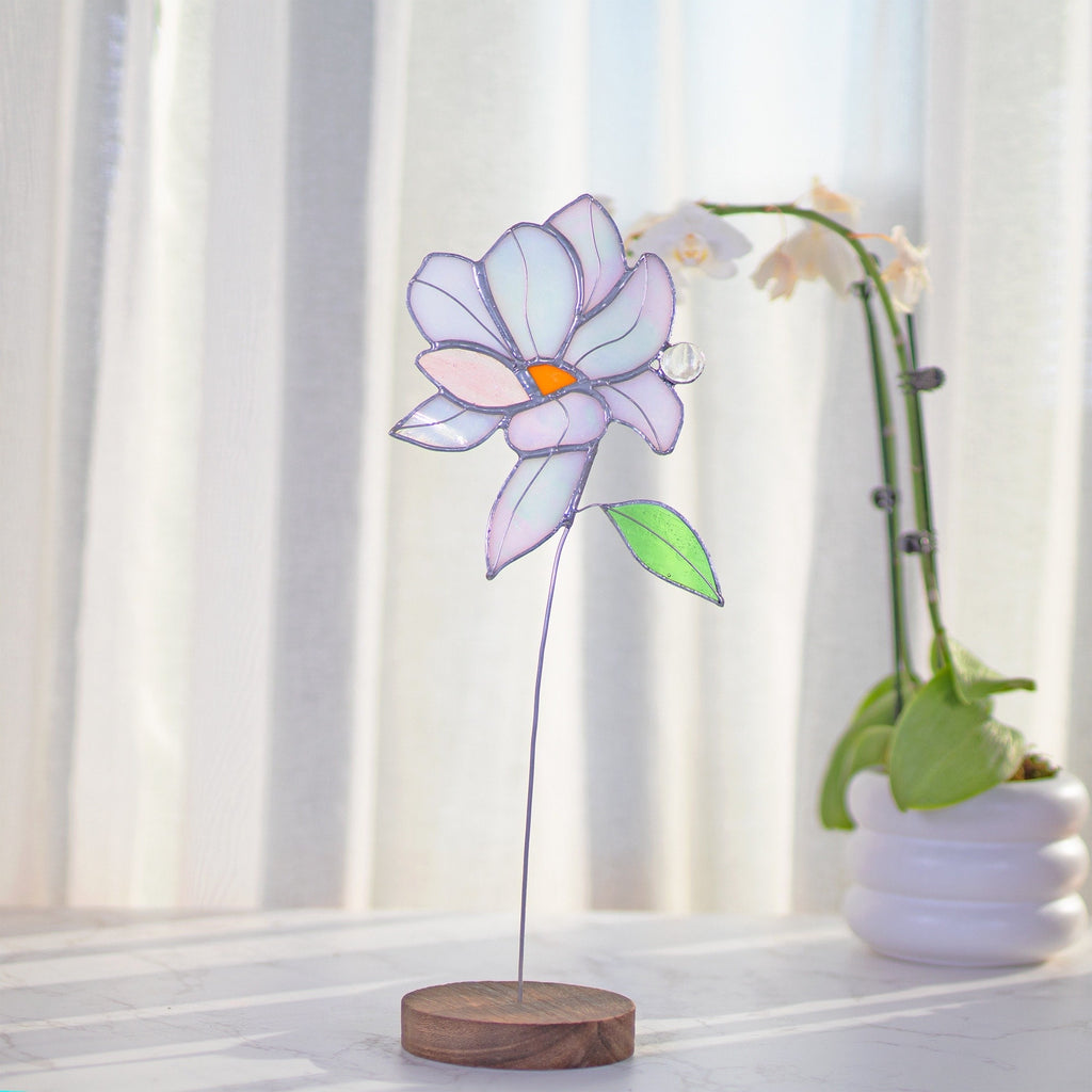 RainLine Iridescent Magnolia Stained Glass Flower Stake Suncatcher 14.2in