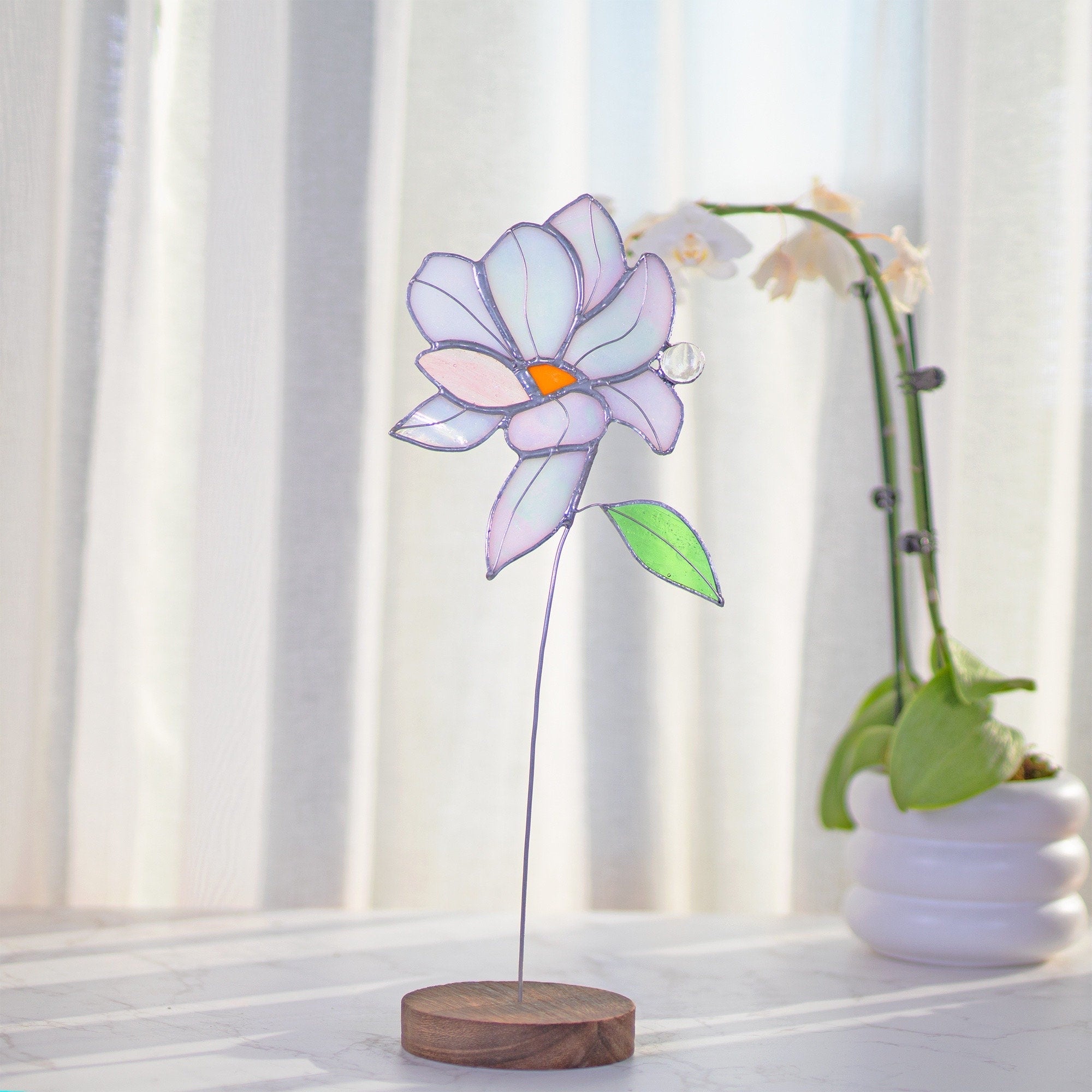 RainLine Iridescent Magnolia Stained Glass Flower Stake Suncatcher 14.2in