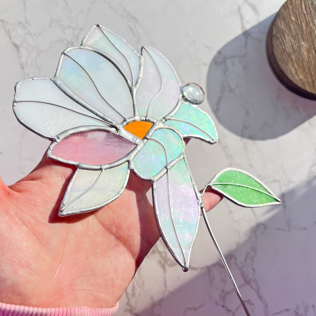 RainLine Iridescent Magnolia Stained Glass Flower Stake Suncatcher 14.2in