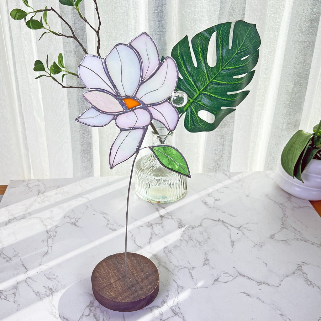 RainLine Iridescent Magnolia Stained Glass Flower Stake Suncatcher 14.2in