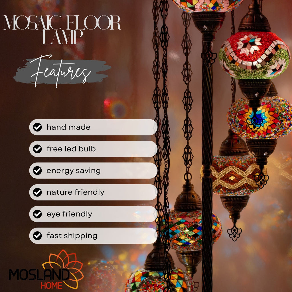 MoslandHome Handmade Turkish Mosaic Floor Lamp 7 Globe Moroccan
