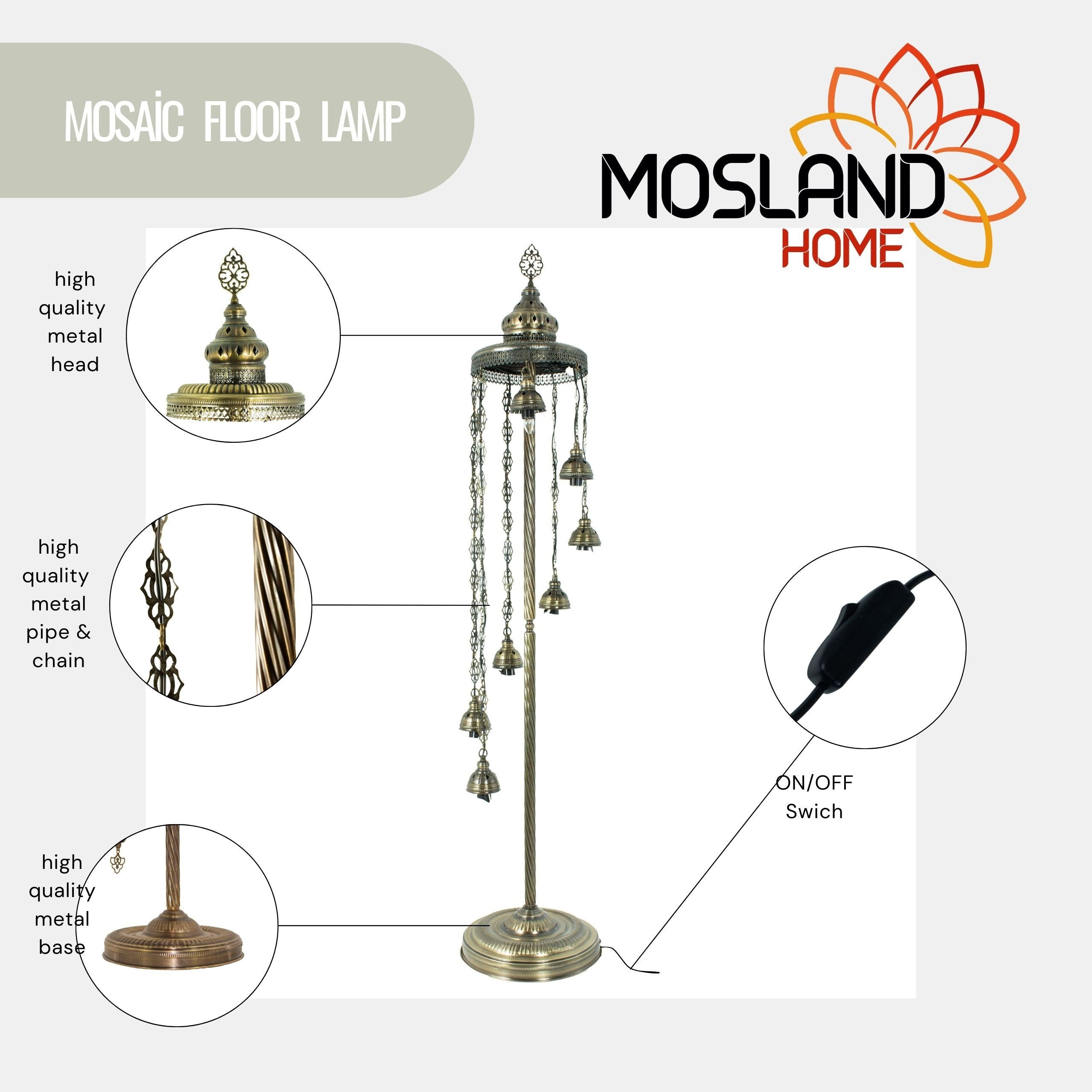 MoslandHome Handmade Turkish Mosaic Floor Lamp 7 Globe Moroccan