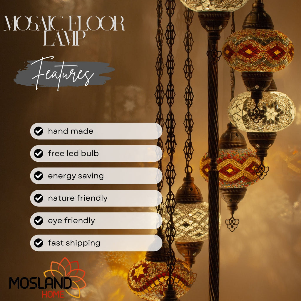 MoslandHome Handmade Turkish Mosaic Floor Lamp 7 Globe 62in Antique Brass