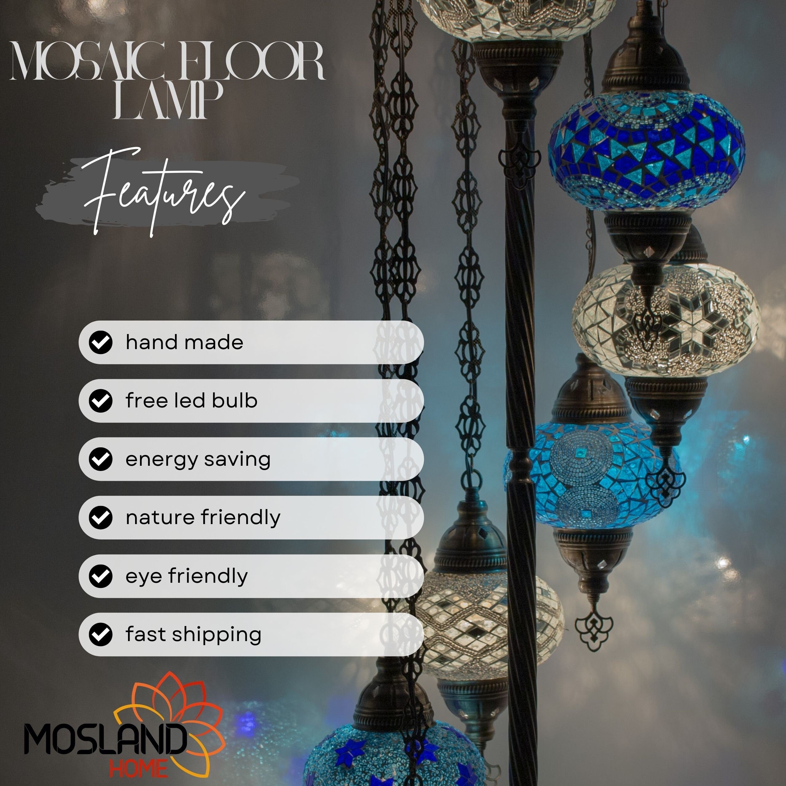 MoslandHome Handmade Turkish Mosaic Floor Lamp 7 Globe Corner