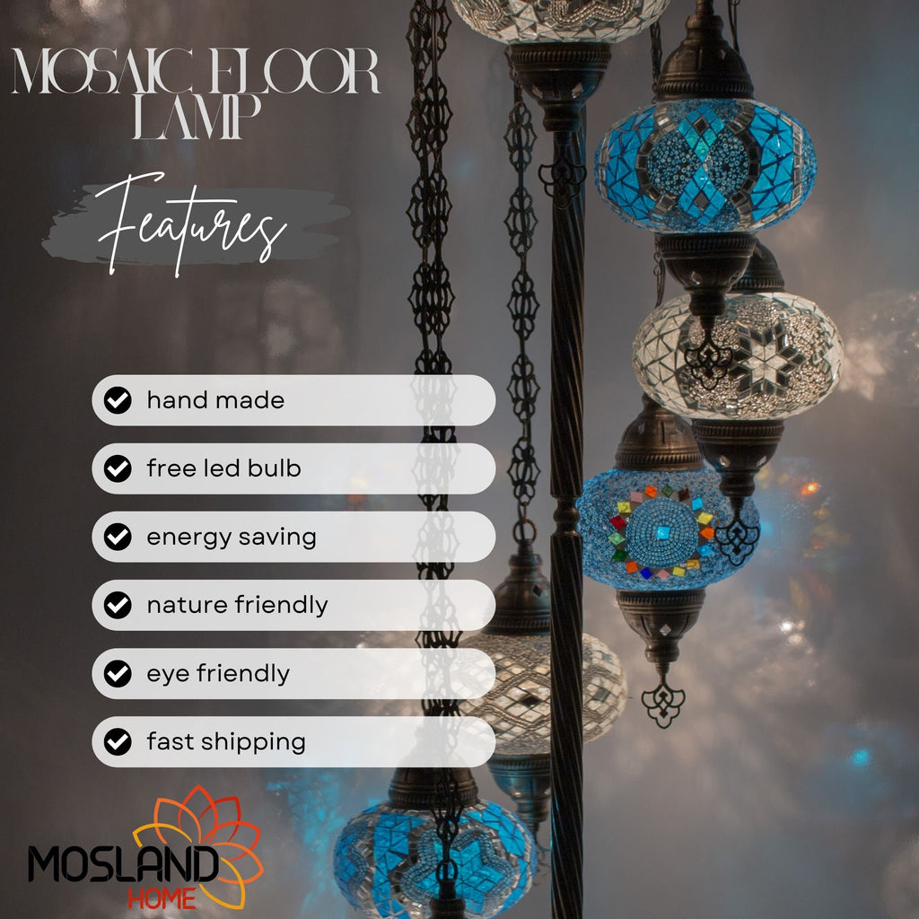 MoslandHome Handmade Turkish Mosaic Floor Lamp 7 Globe Moroccan