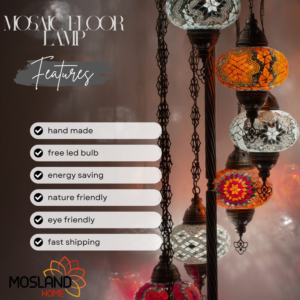 MoslandHome Handmade Turkish Mosaic Floor Lamp 7 Globe Corner