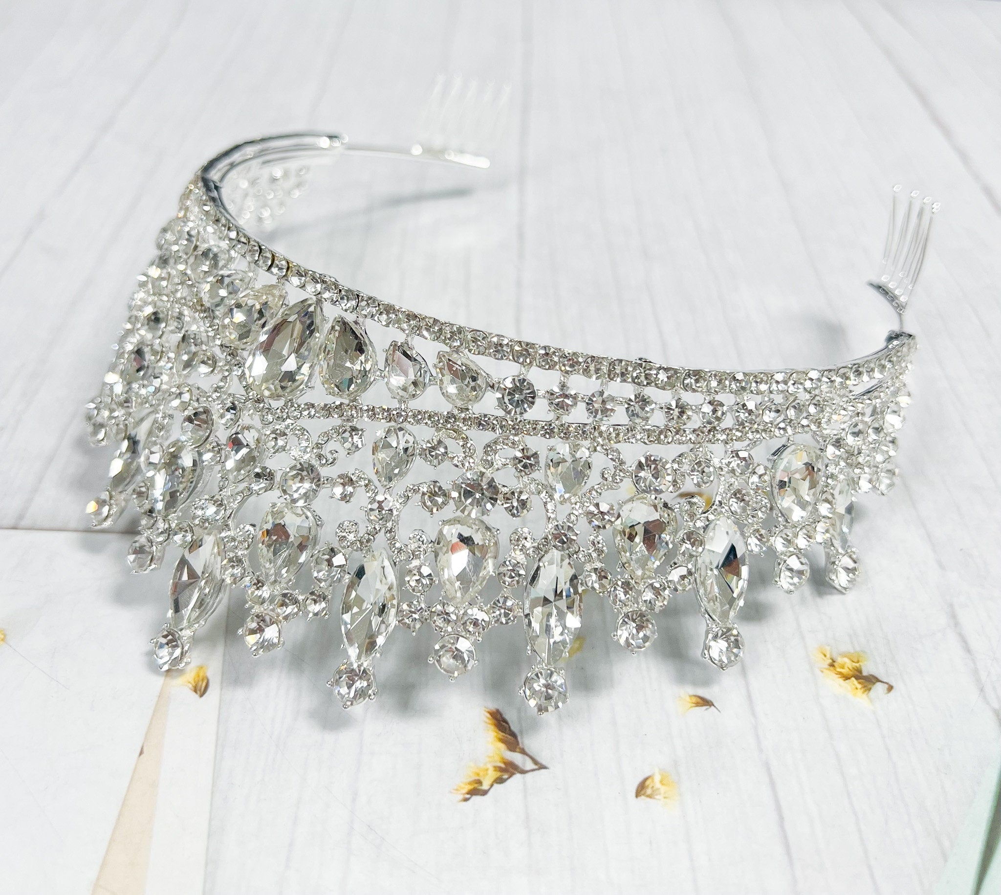 Silver Rhinestone Queen Tiara With Comb Princess Crown Bridal Headpiece
