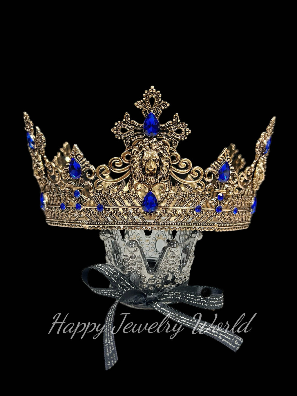 HappyJewelryWorld Gold Lion King Crown 23in Blue Crystal