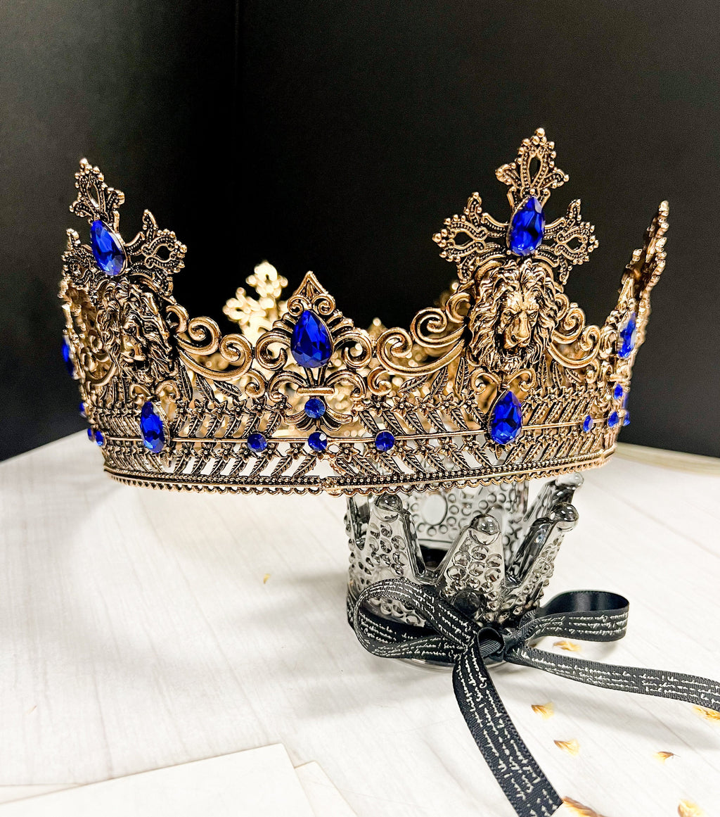 HappyJewelryWorld Gold Lion King Crown 23in Blue Crystal