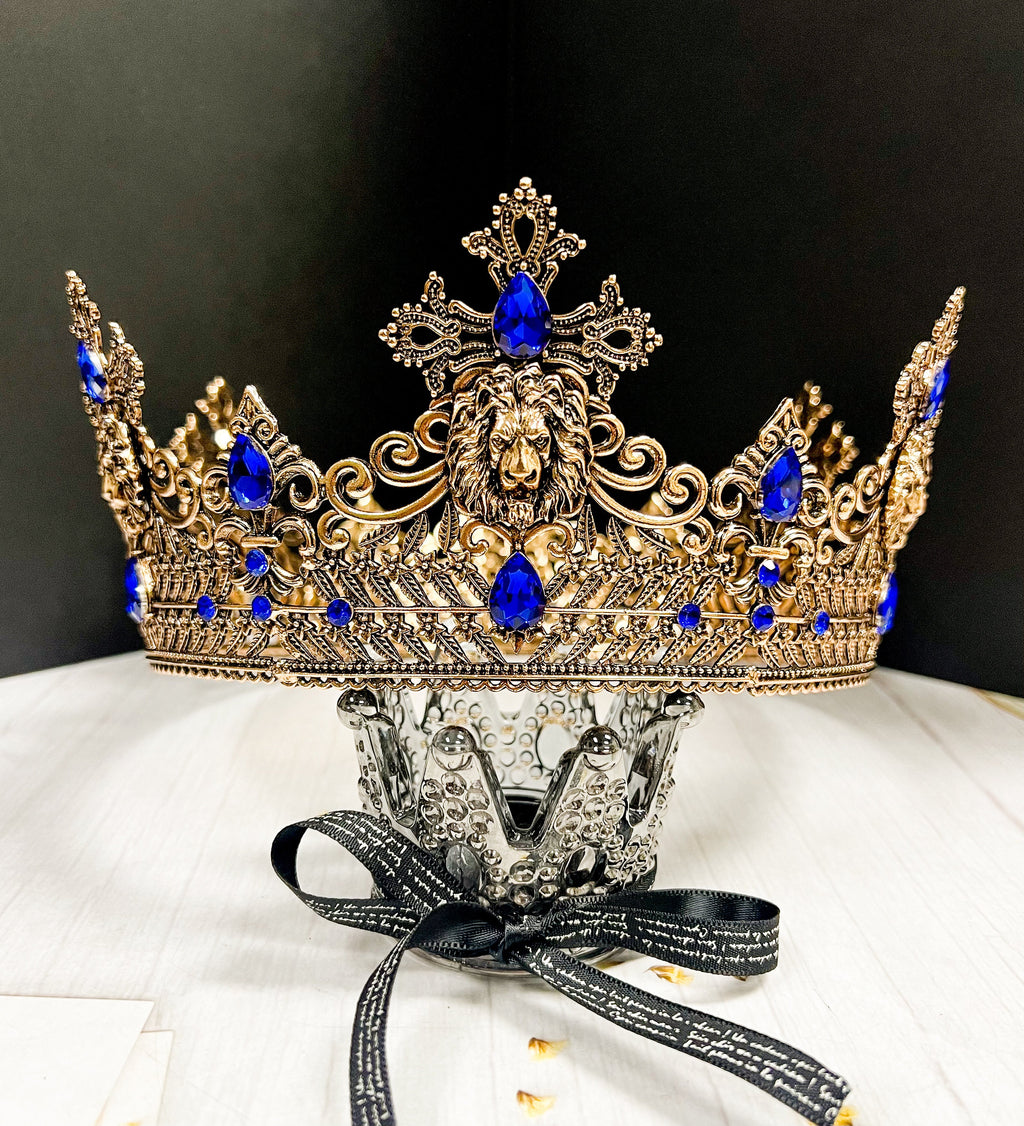 HappyJewelryWorld Gold Lion King Crown 23in Blue Crystal