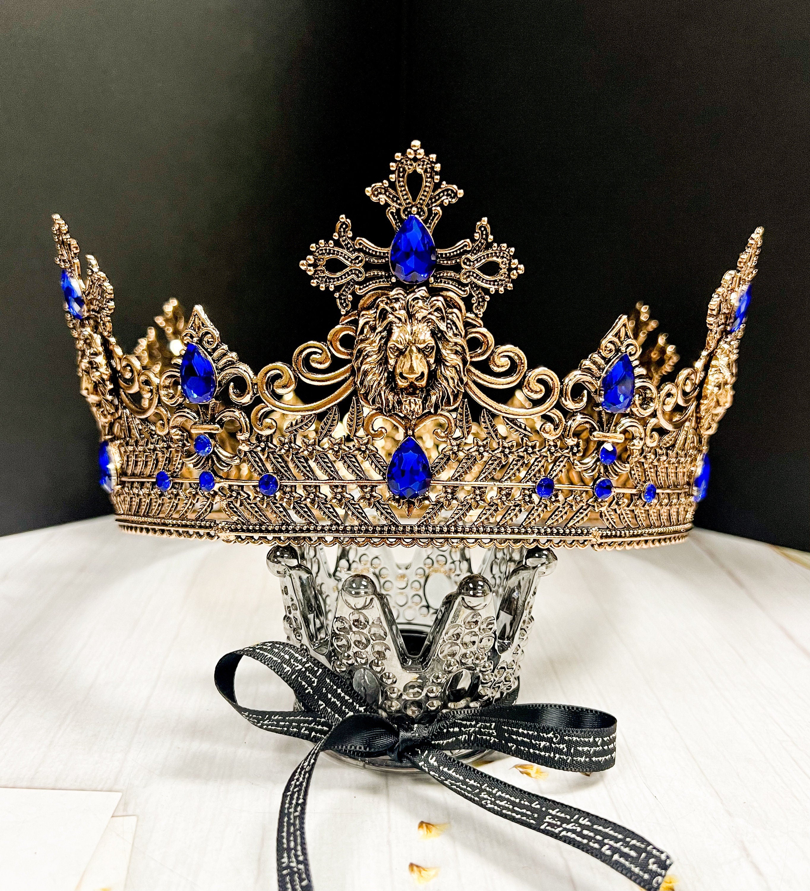 HappyJewelryWorld Gold Lion King Crown 23in Blue Crystal