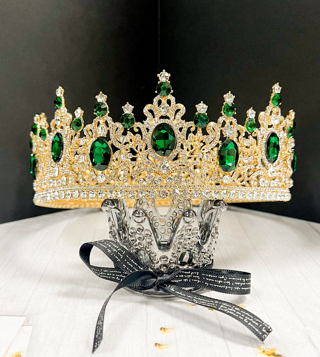 HappyJewelryWorld Royal King Crown For Men Green Crystal Extra Large