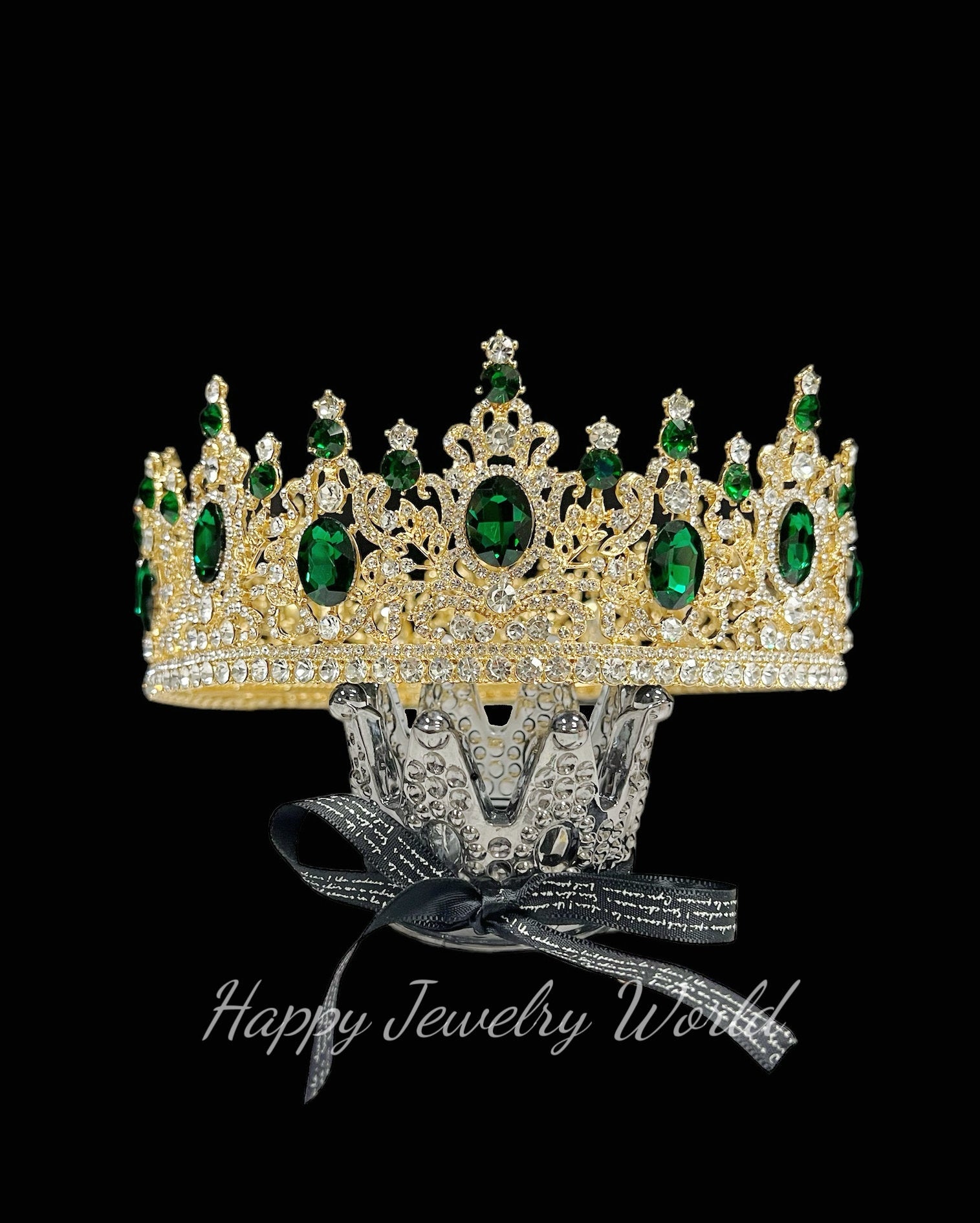 HappyJewelryWorld Royal King Crown For Men Green Crystal Extra Large