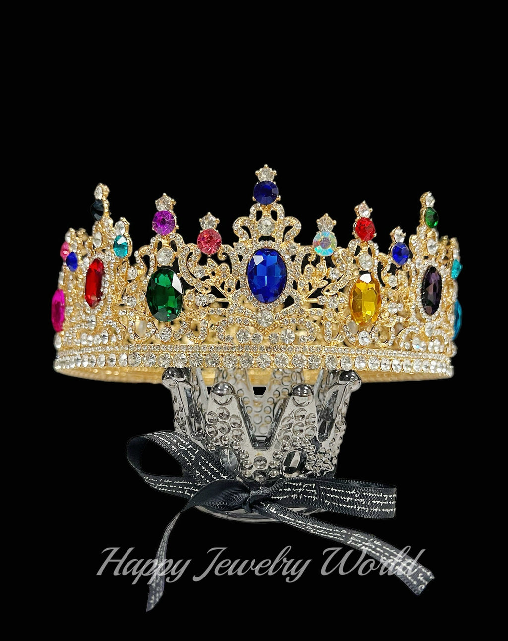 HappyJewelryWorld Rainbow Crystal King Crown Gold-Plated Tiara 8in
