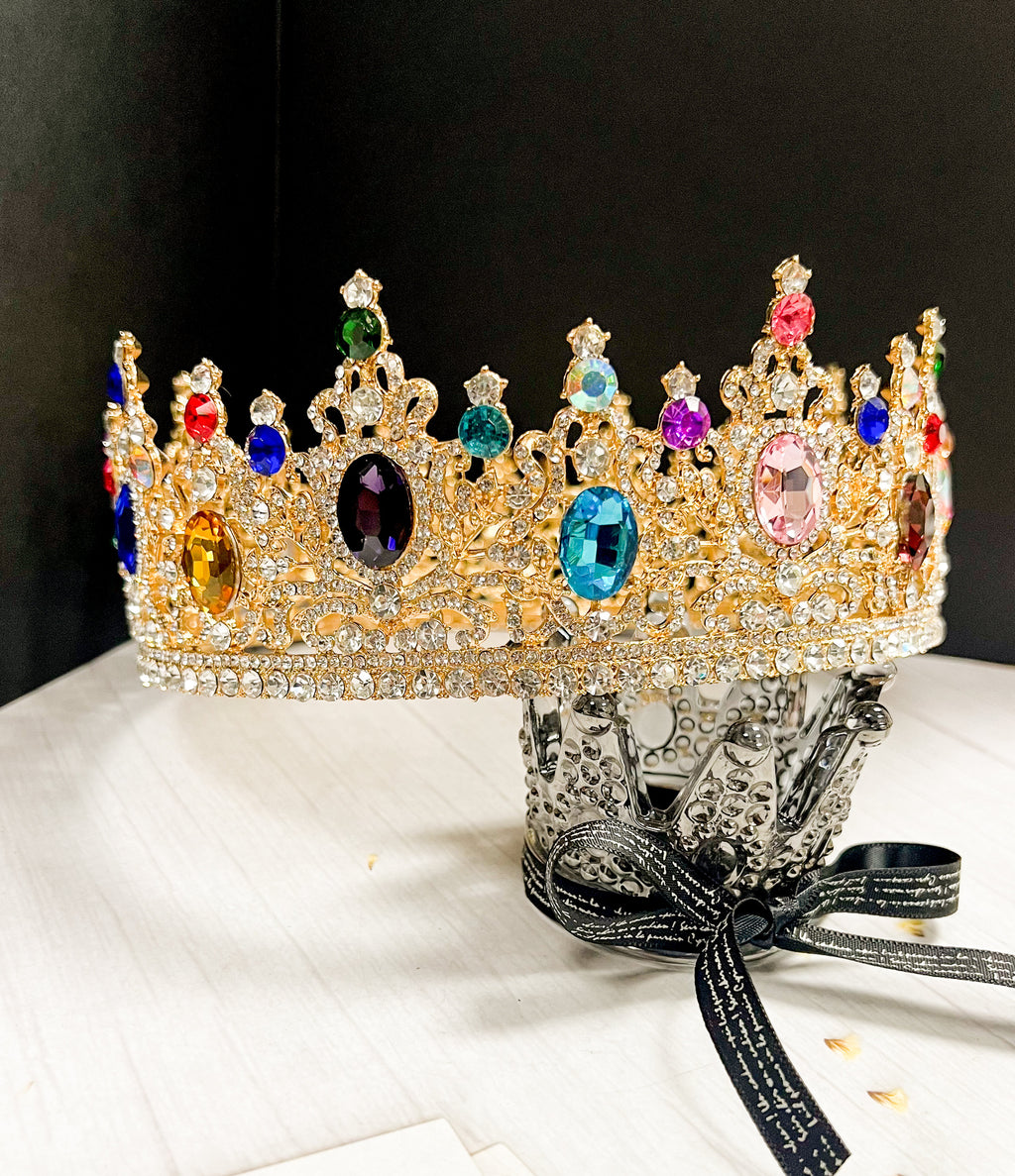 HappyJewelryWorld Rainbow Crystal King Crown Gold-Plated Tiara 8in