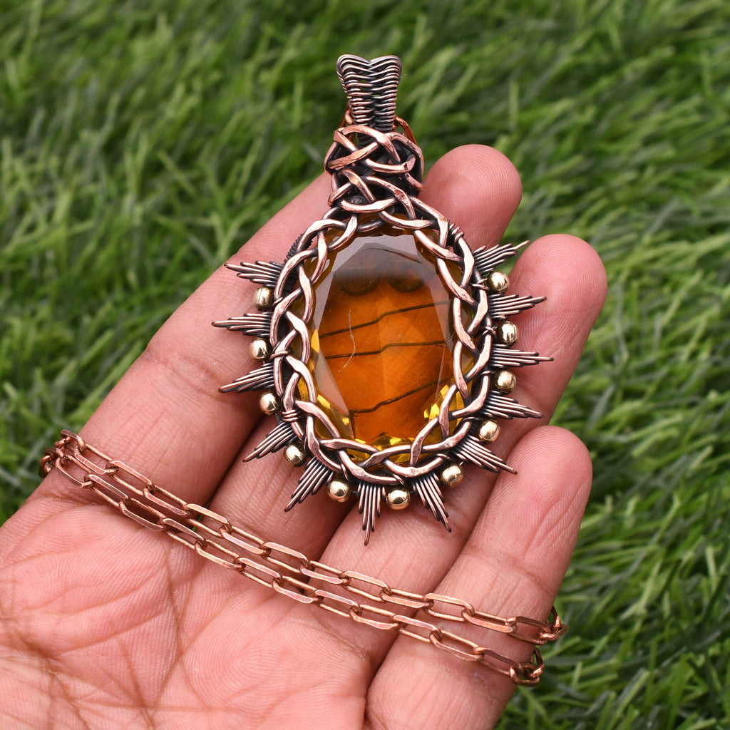 EkkJewels Handmade Copper Wire Wrapped Citrine Pendant Necklace