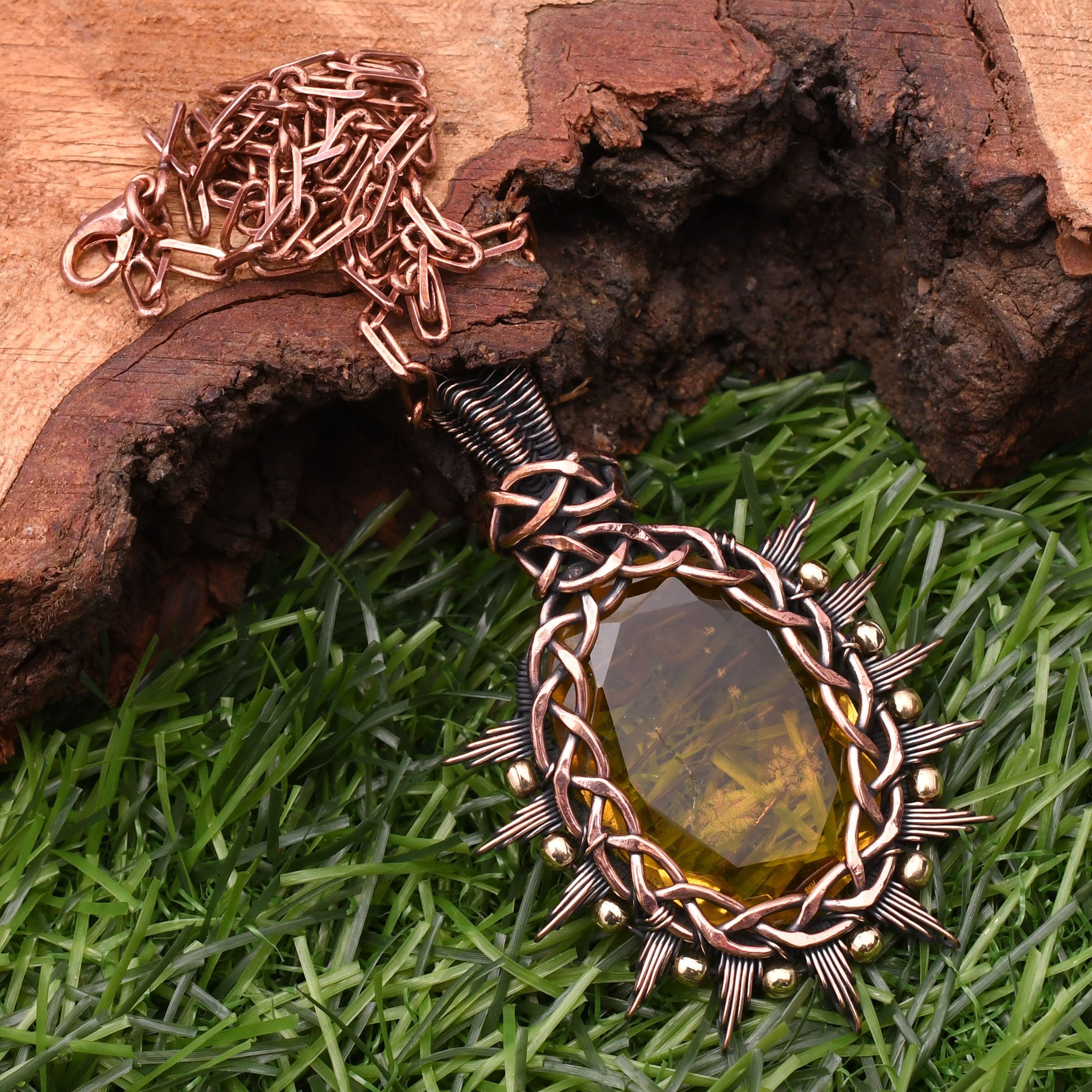 EkkJewels Handmade Copper Wire Wrapped Citrine Pendant Necklace