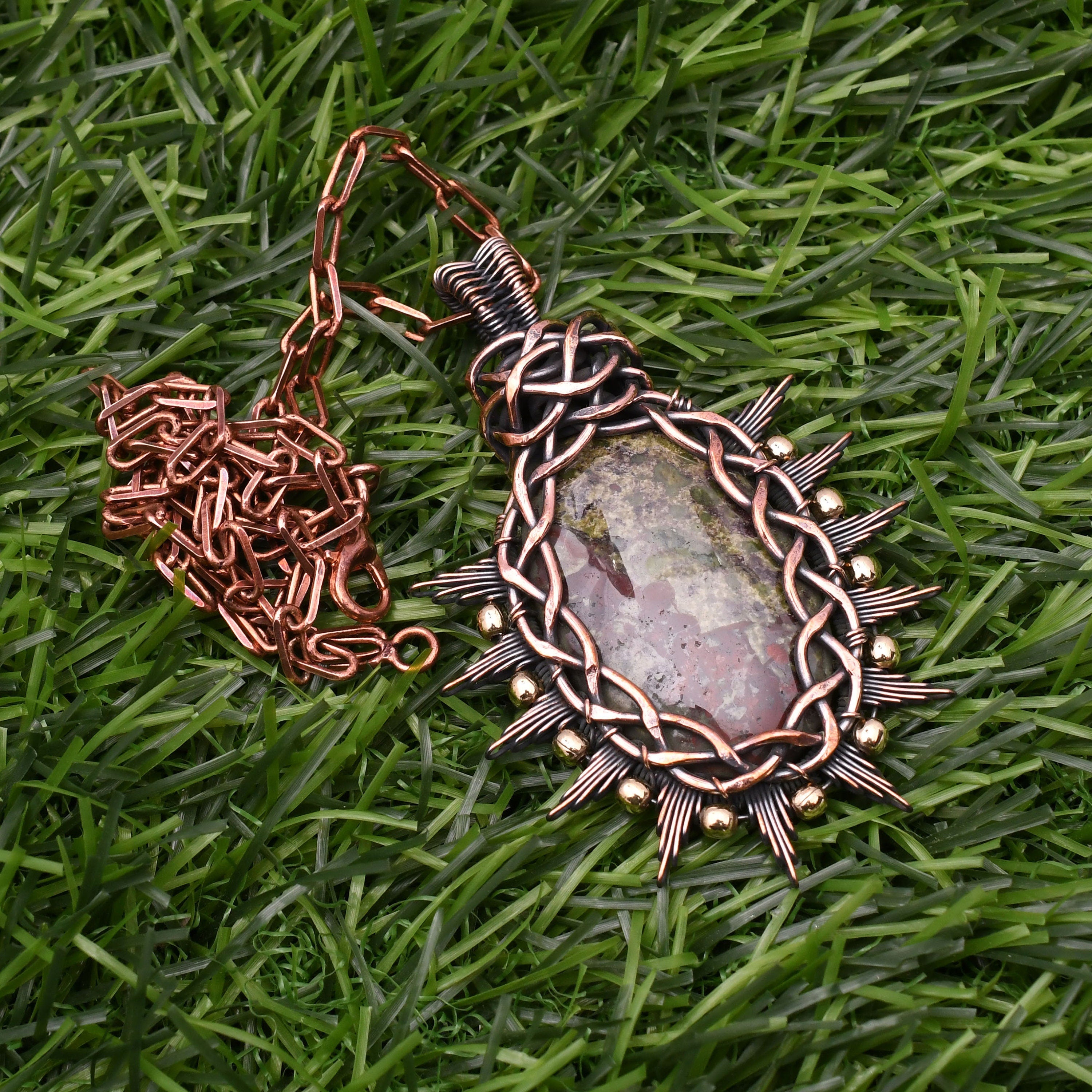 EkkJewels Dragon Blood Jasper Pendant, Handmade Copper Wire Wrapped Necklace