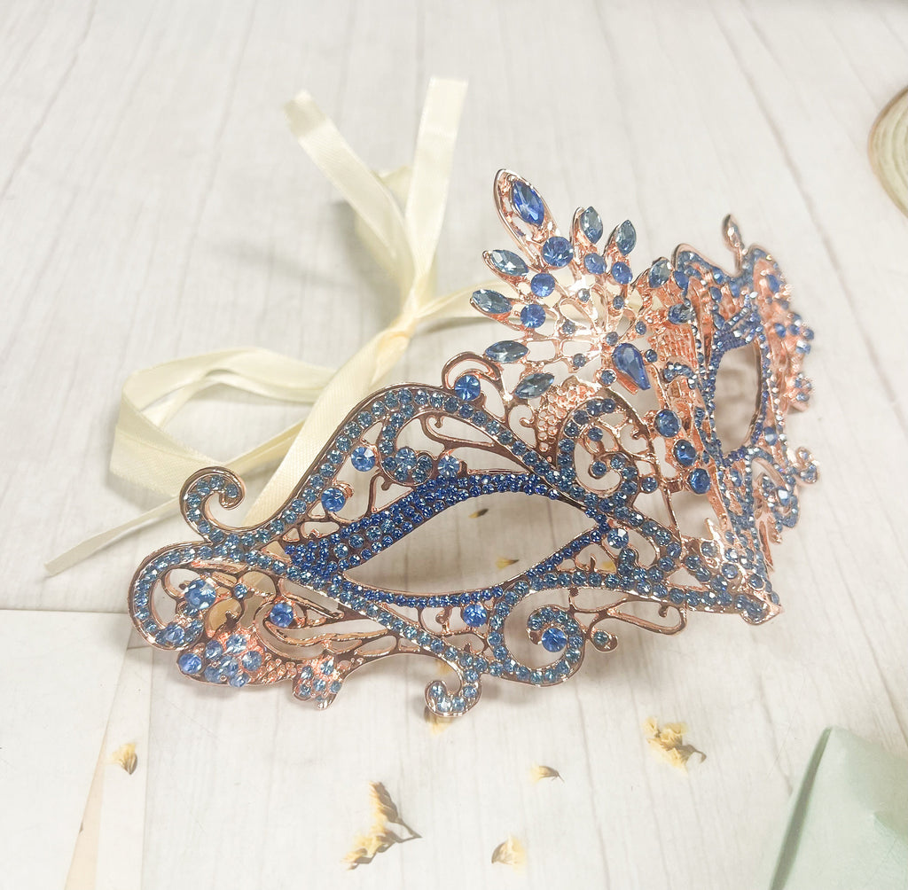 Masquerade Ball Gold Mask with Blue Rhinestones Venetian Party