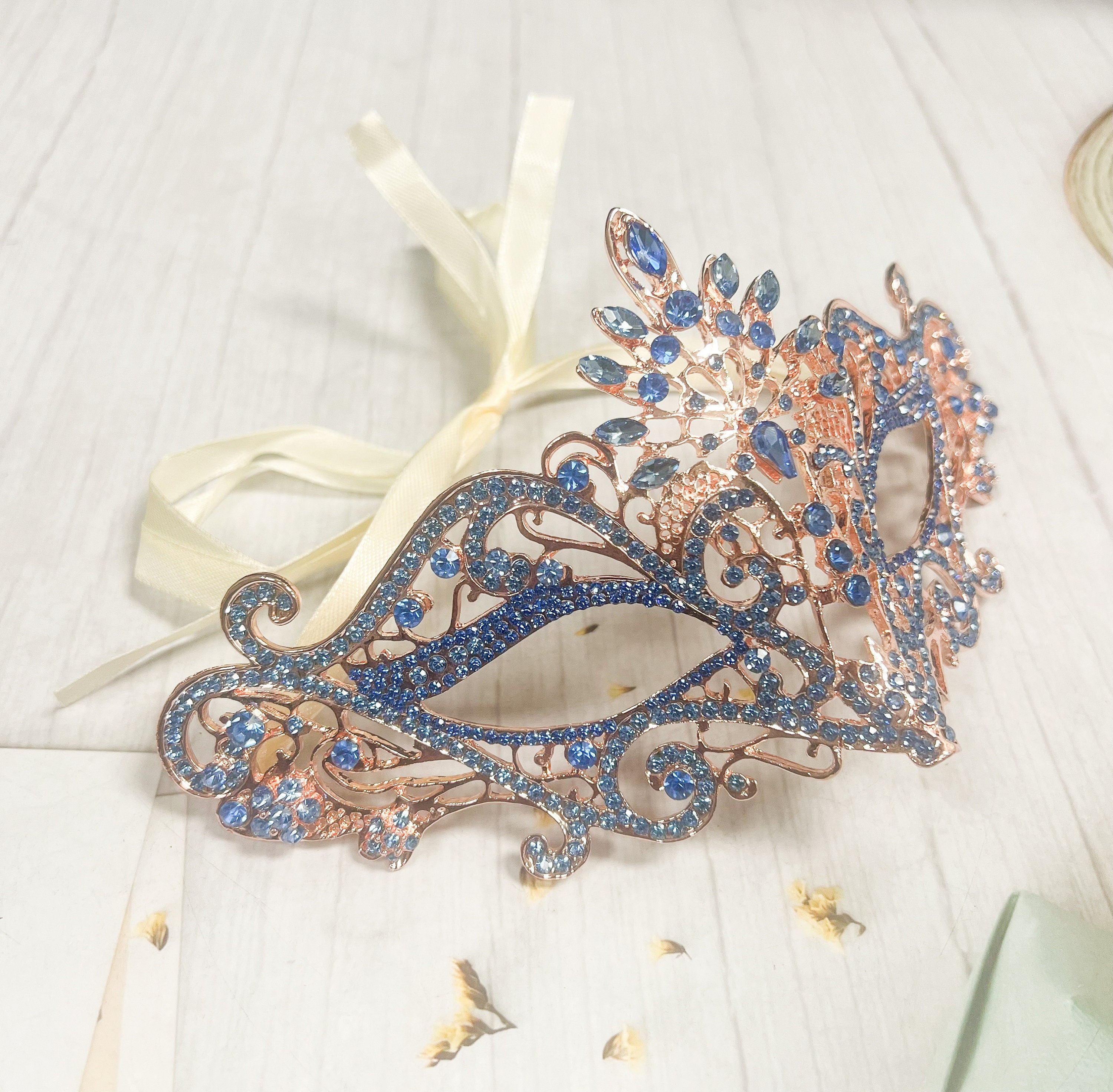 Masquerade Ball Gold Mask with Blue Rhinestones Venetian Party