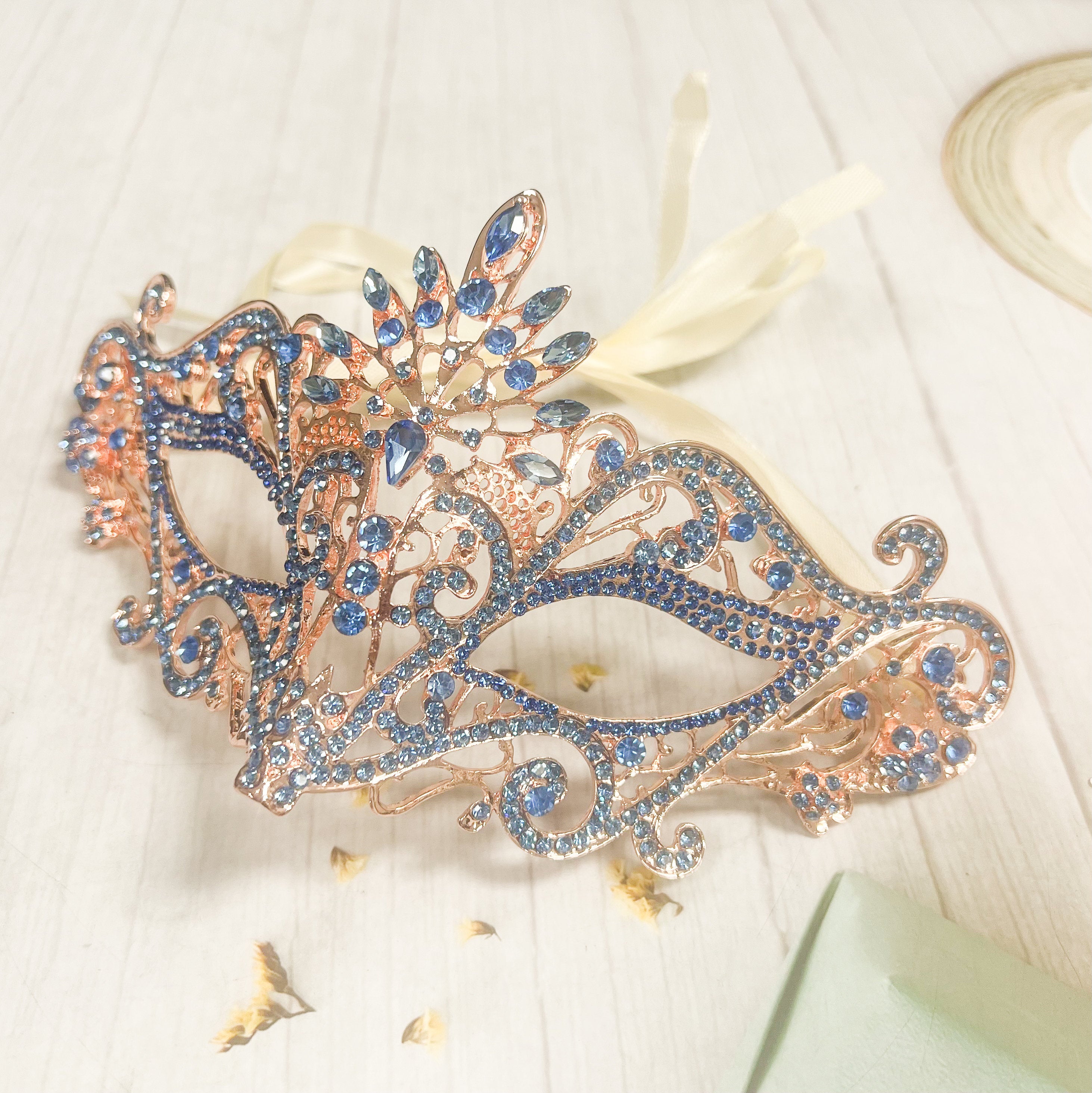Masquerade Ball Gold Mask with Blue Rhinestones Venetian Party