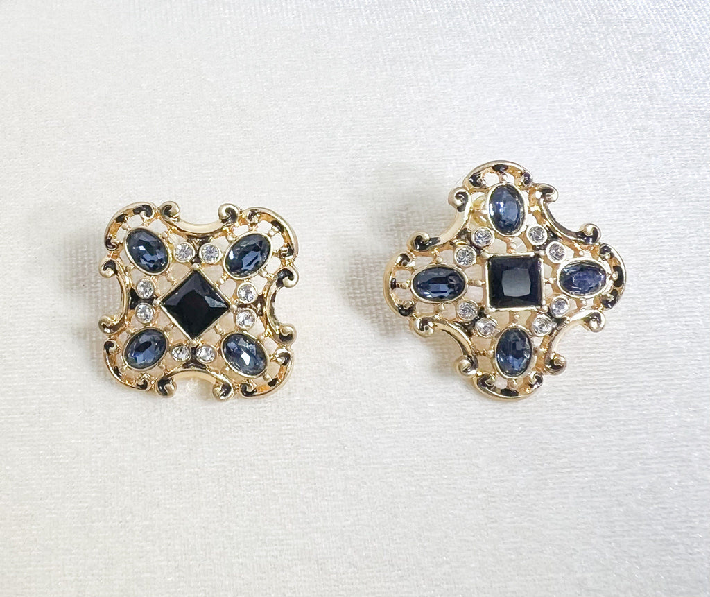 HappyJewelryWorld Vintage Sapphire Stud Earrings Yellow Gold Blue Gemstone