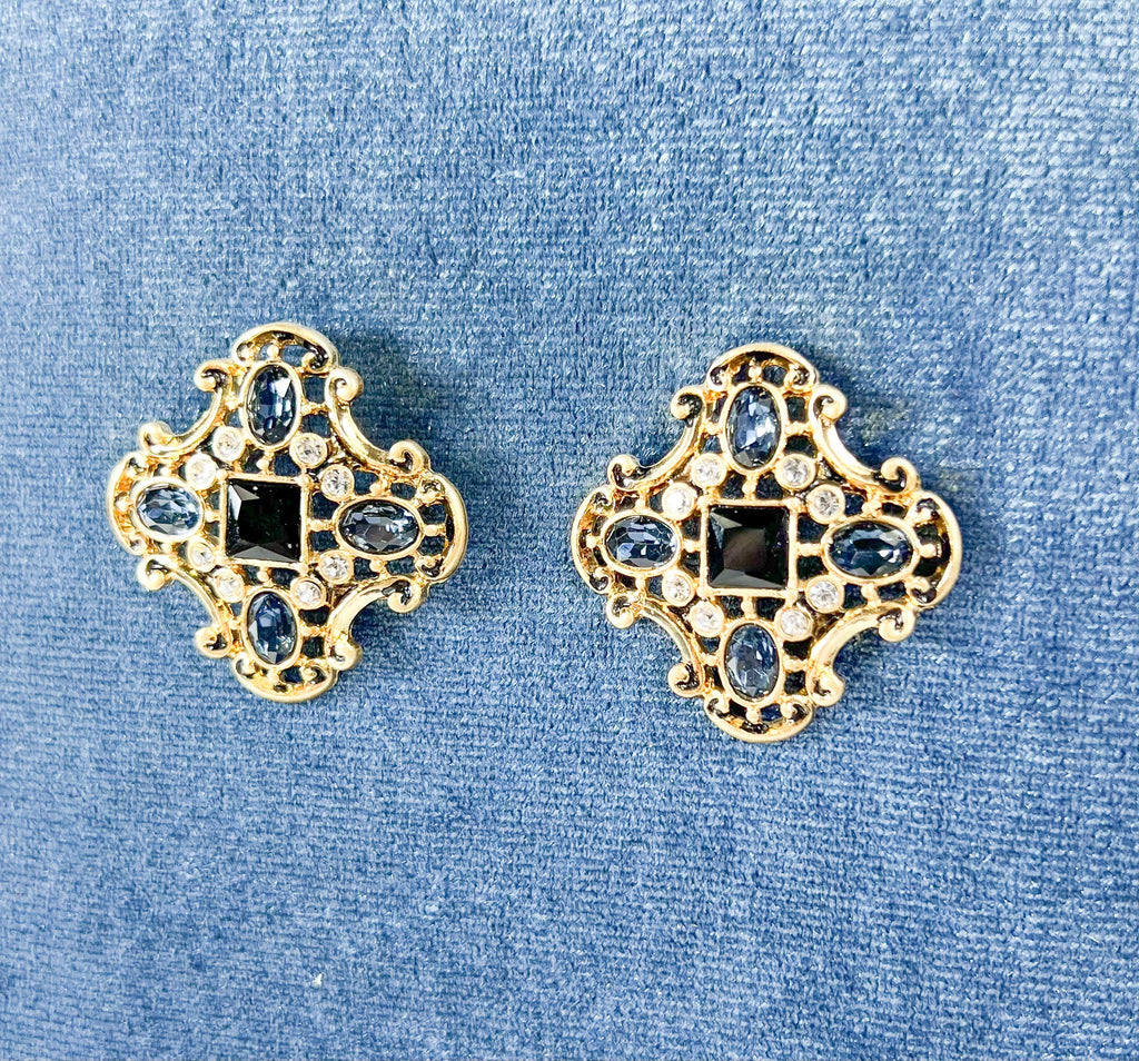HappyJewelryWorld Vintage Sapphire Stud Earrings Yellow Gold Blue Gemstone