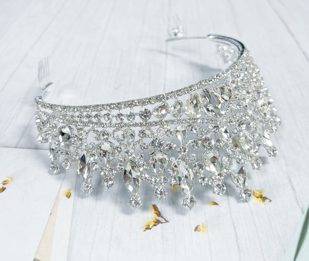 Silver Rhinestone Queen Tiara With Comb Princess Crown Bridal Headpiece