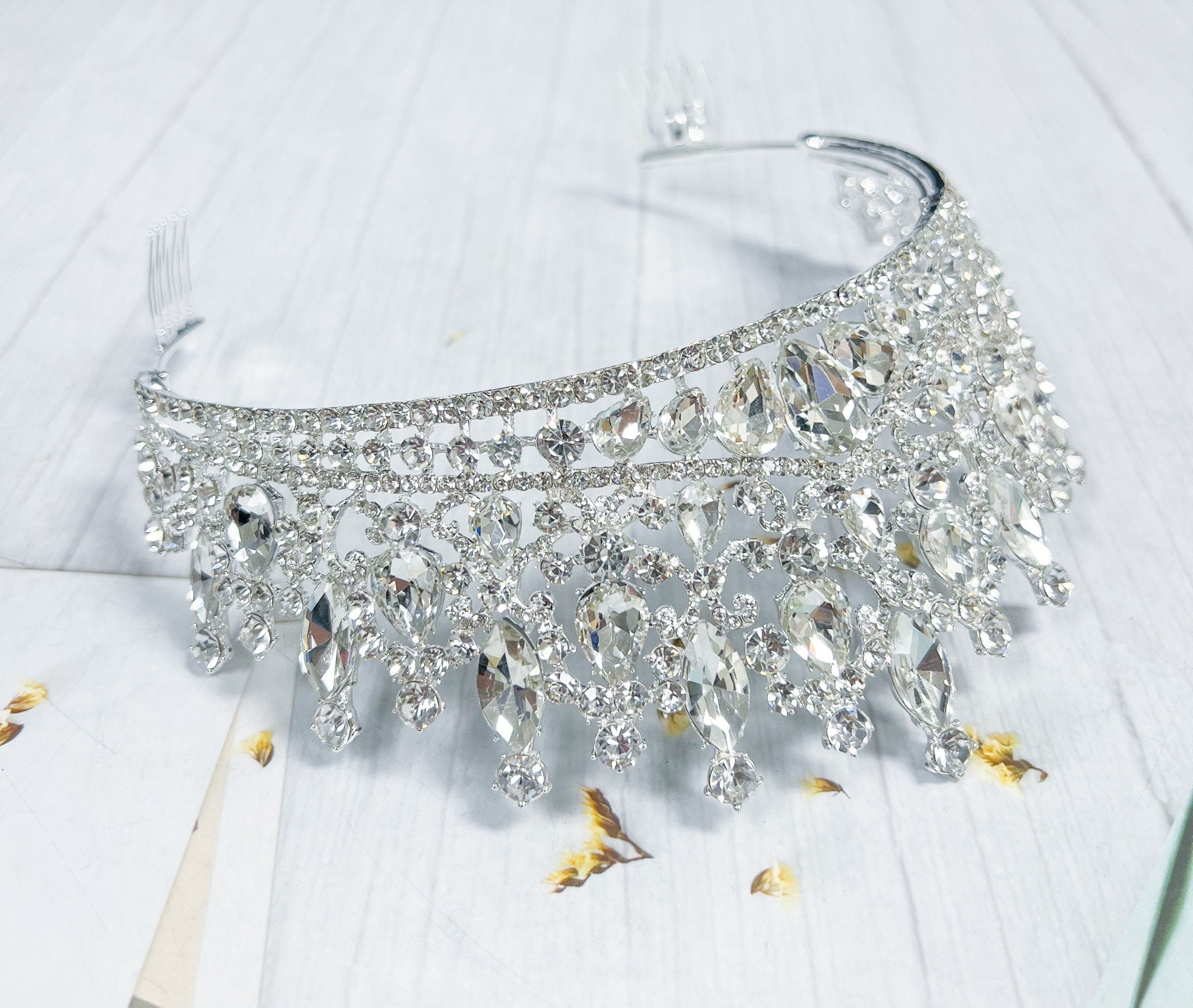 Silver Rhinestone Queen Tiara With Comb Princess Crown Bridal Headpiece