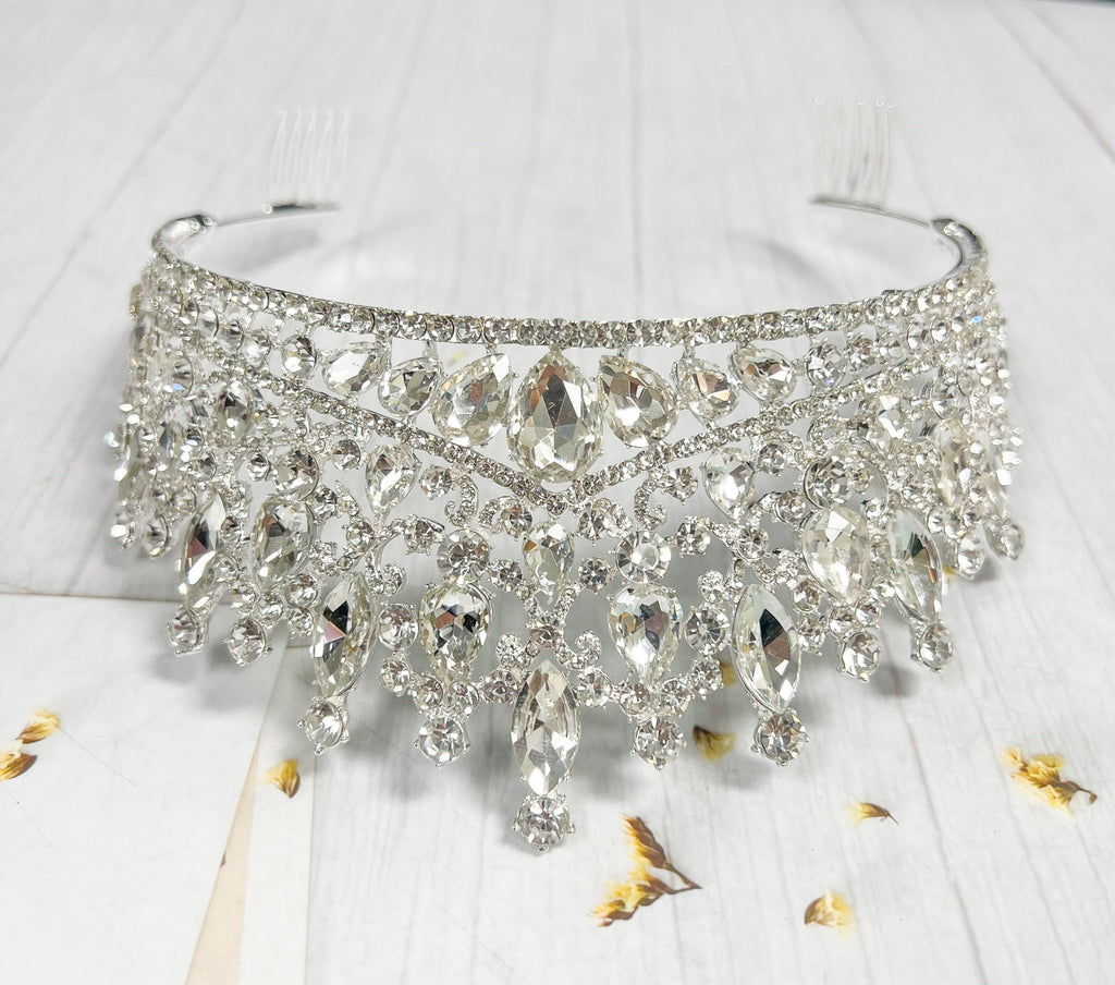 Silver Rhinestone Queen Tiara With Comb Princess Crown Bridal Headpiece