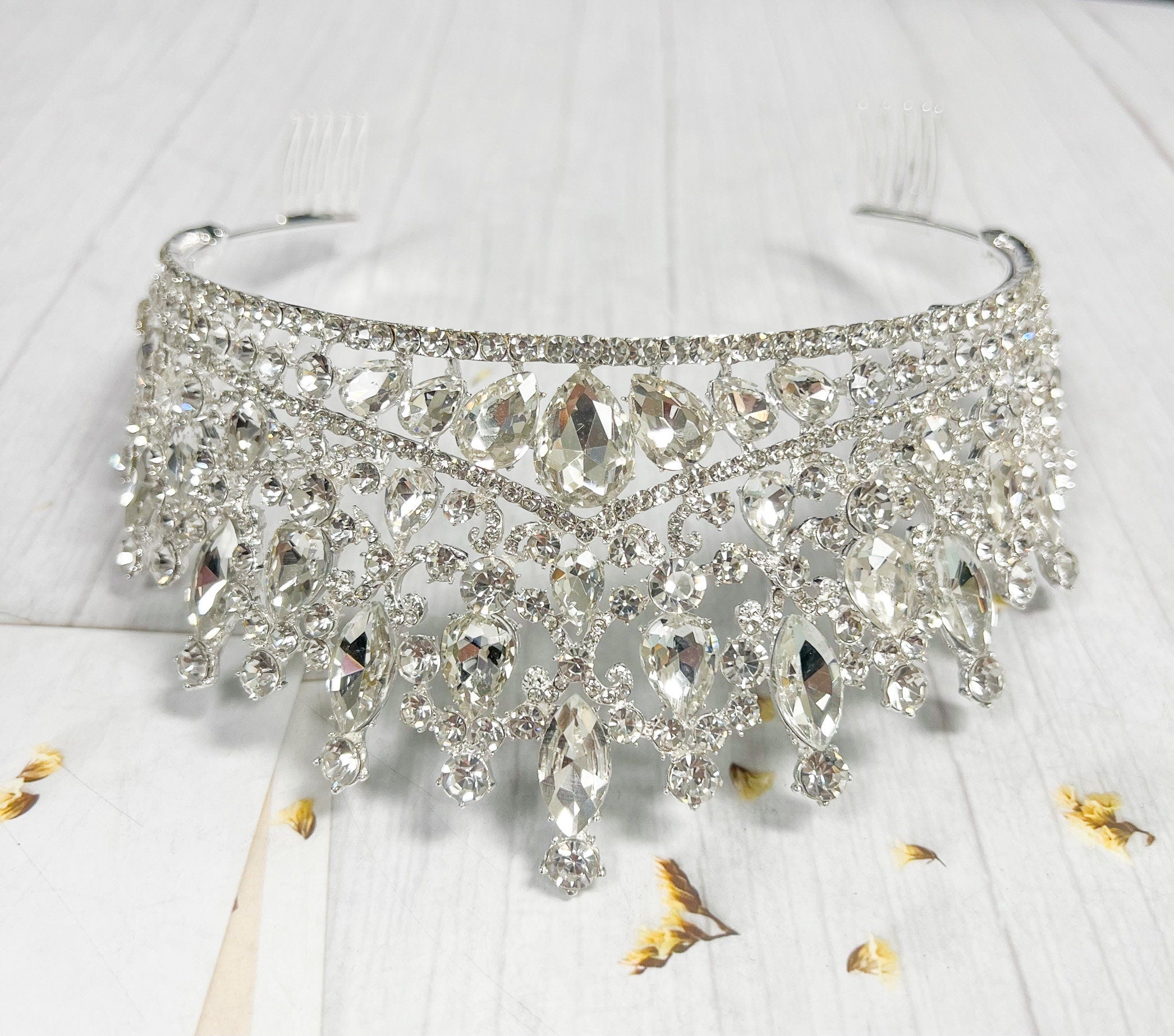 Silver Rhinestone Queen Tiara With Comb Princess Crown Bridal Headpiece