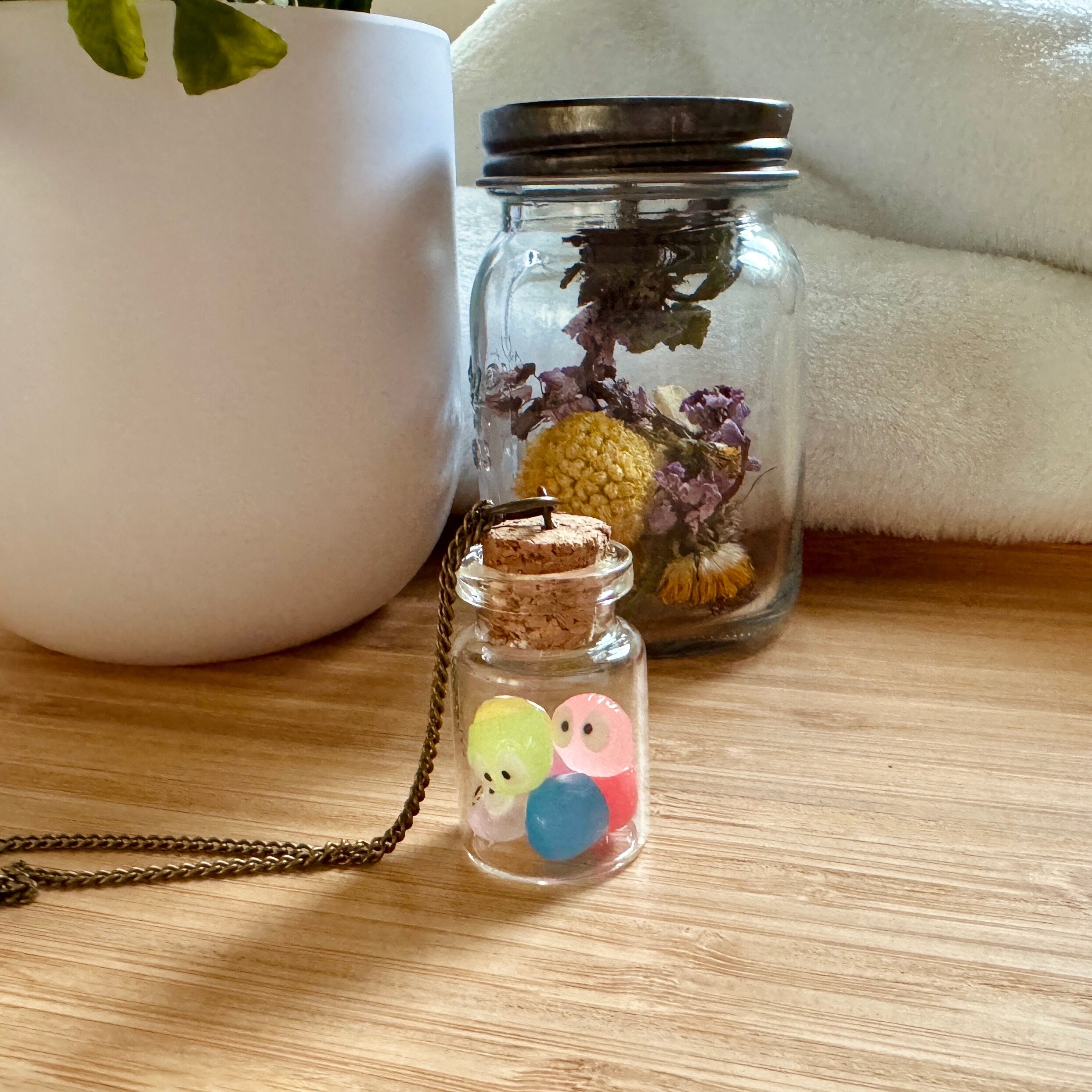 VanillaStarCafe Rainbow Soot Sprites in a Jar Charm Pendant 30in Chain