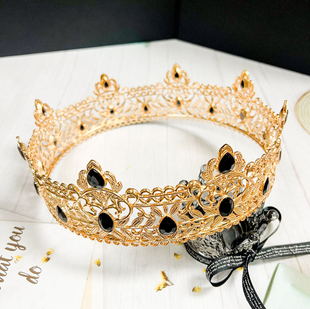 Royal King Crown for Men XL Full Round Gold Black Crystal