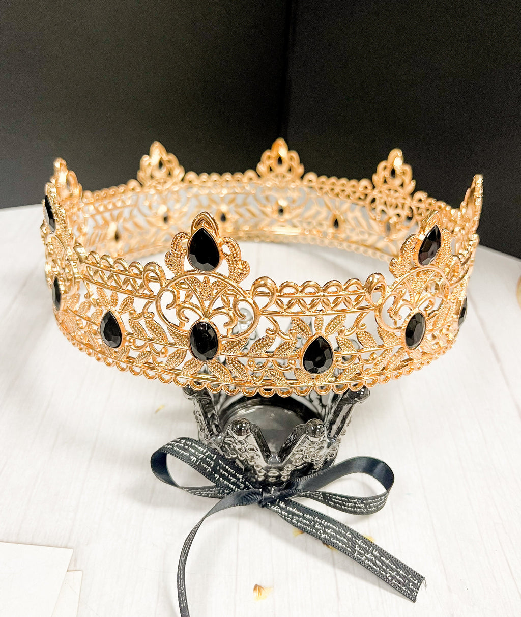 Royal King Crown for Men XL Full Round Gold Black Crystal