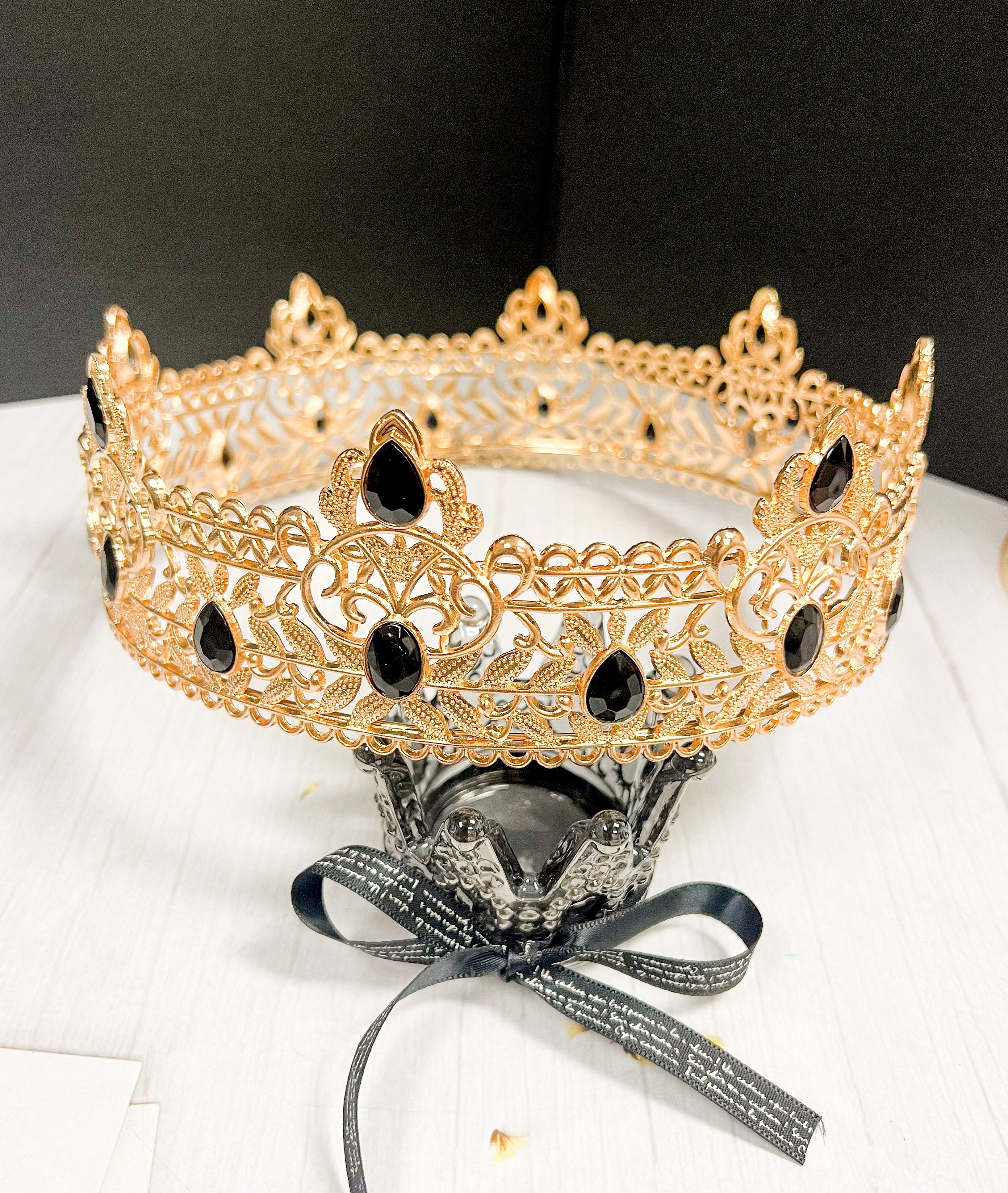 Royal King Crown for Men XL Full Round Gold Black Crystal