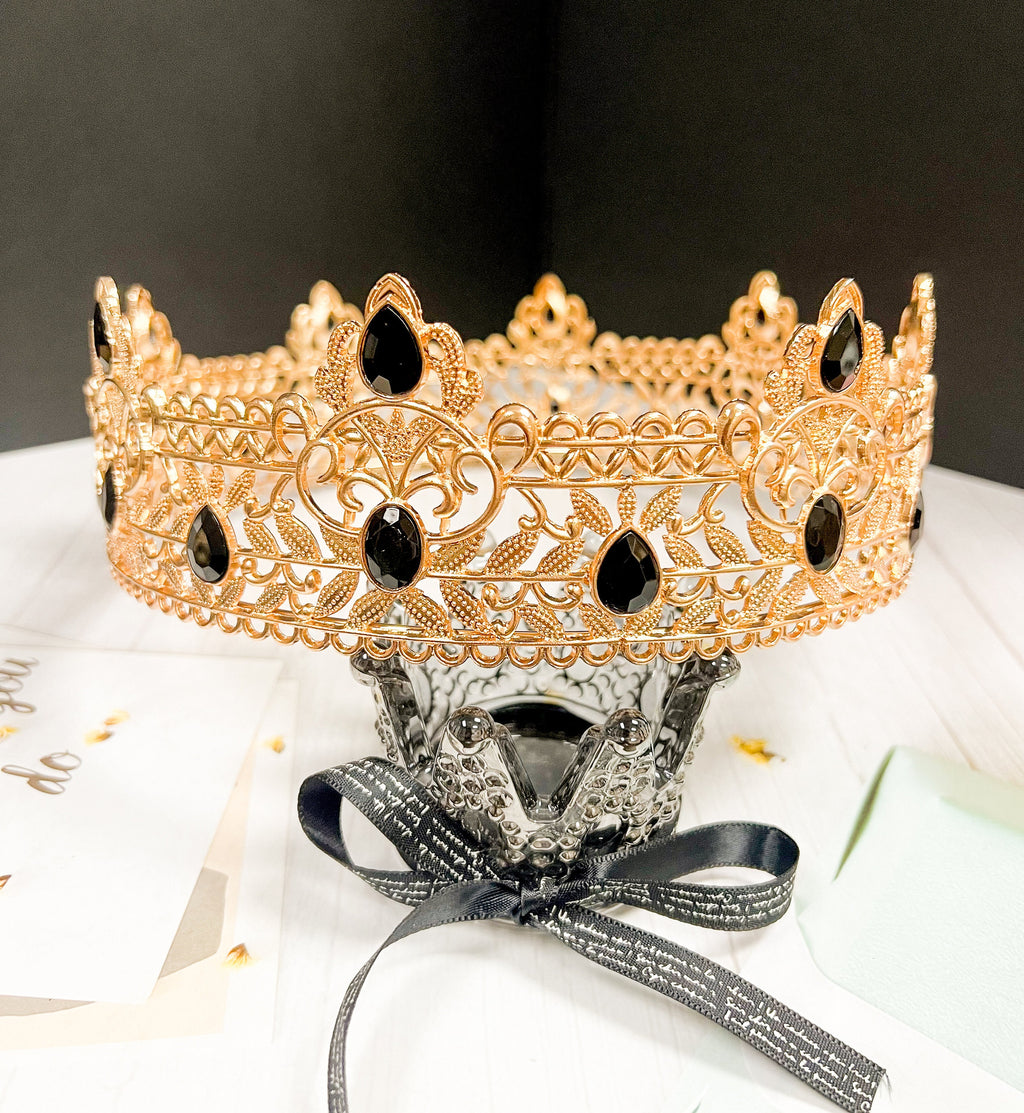 Royal King Crown for Men XL Full Round Gold Black Crystal