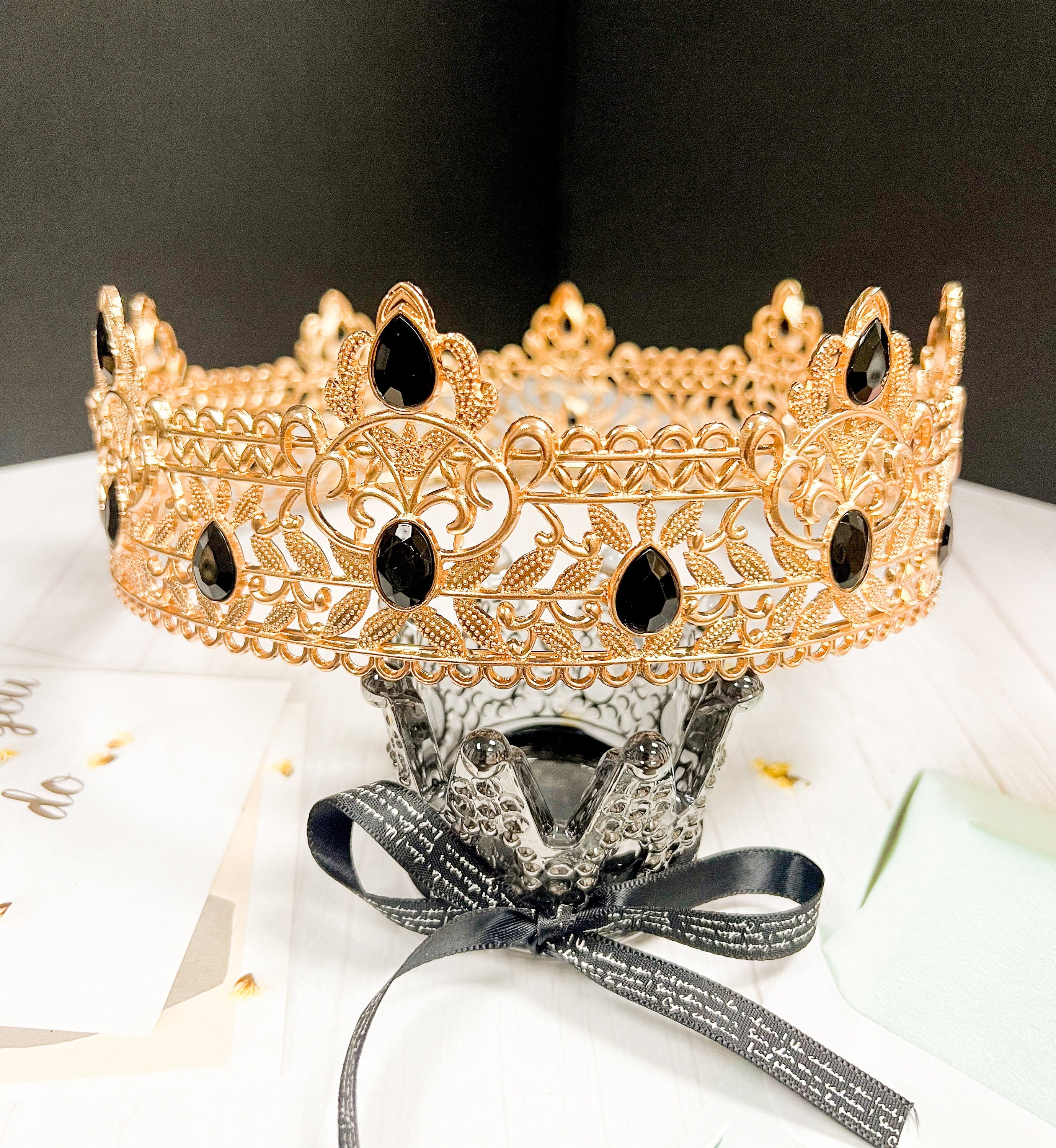 Royal King Crown for Men XL Full Round Gold Black Crystal