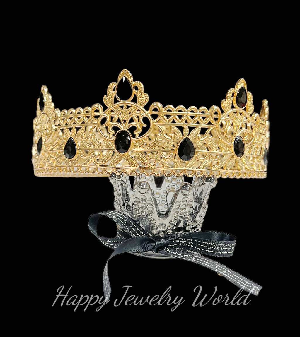 Royal King Crown for Men XL Full Round Gold Black Crystal