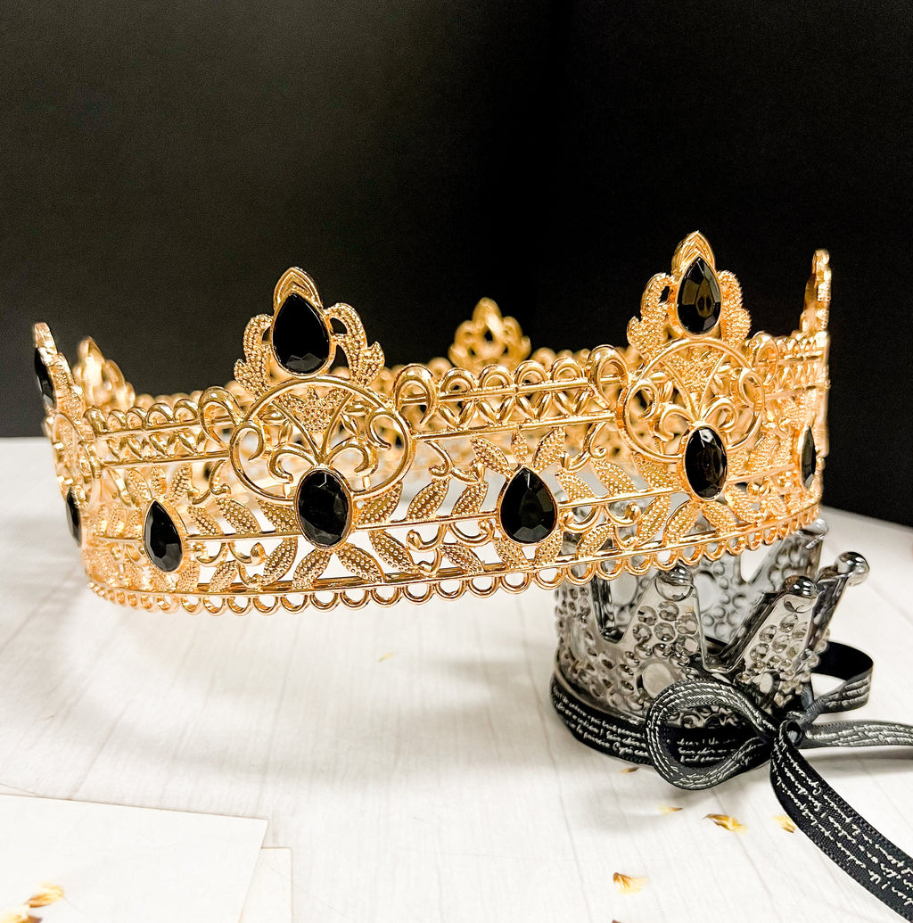 Royal King Crown for Men XL Full Round Gold Black Crystal