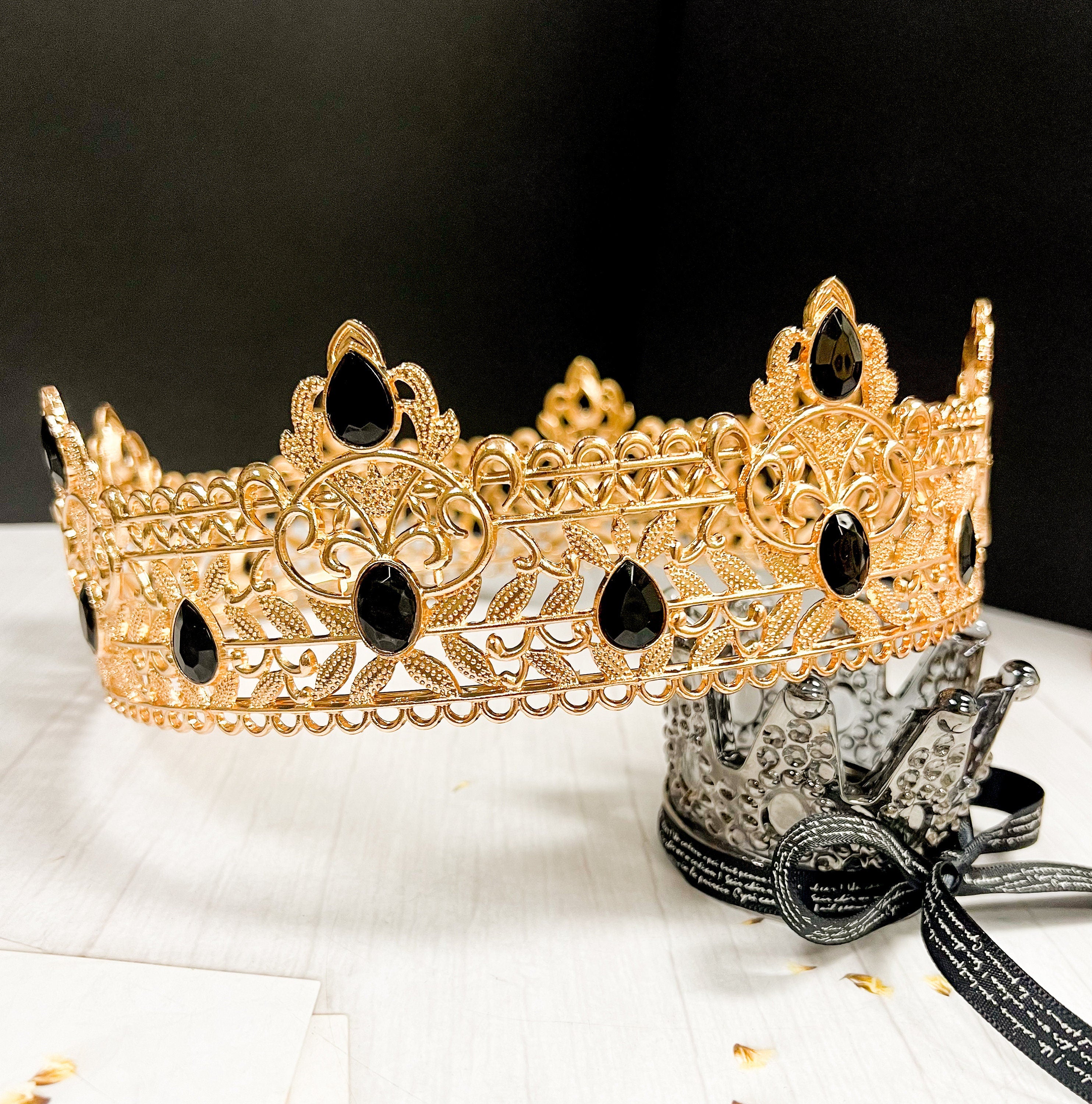 Royal King Crown for Men XL Full Round Gold Black Crystal
