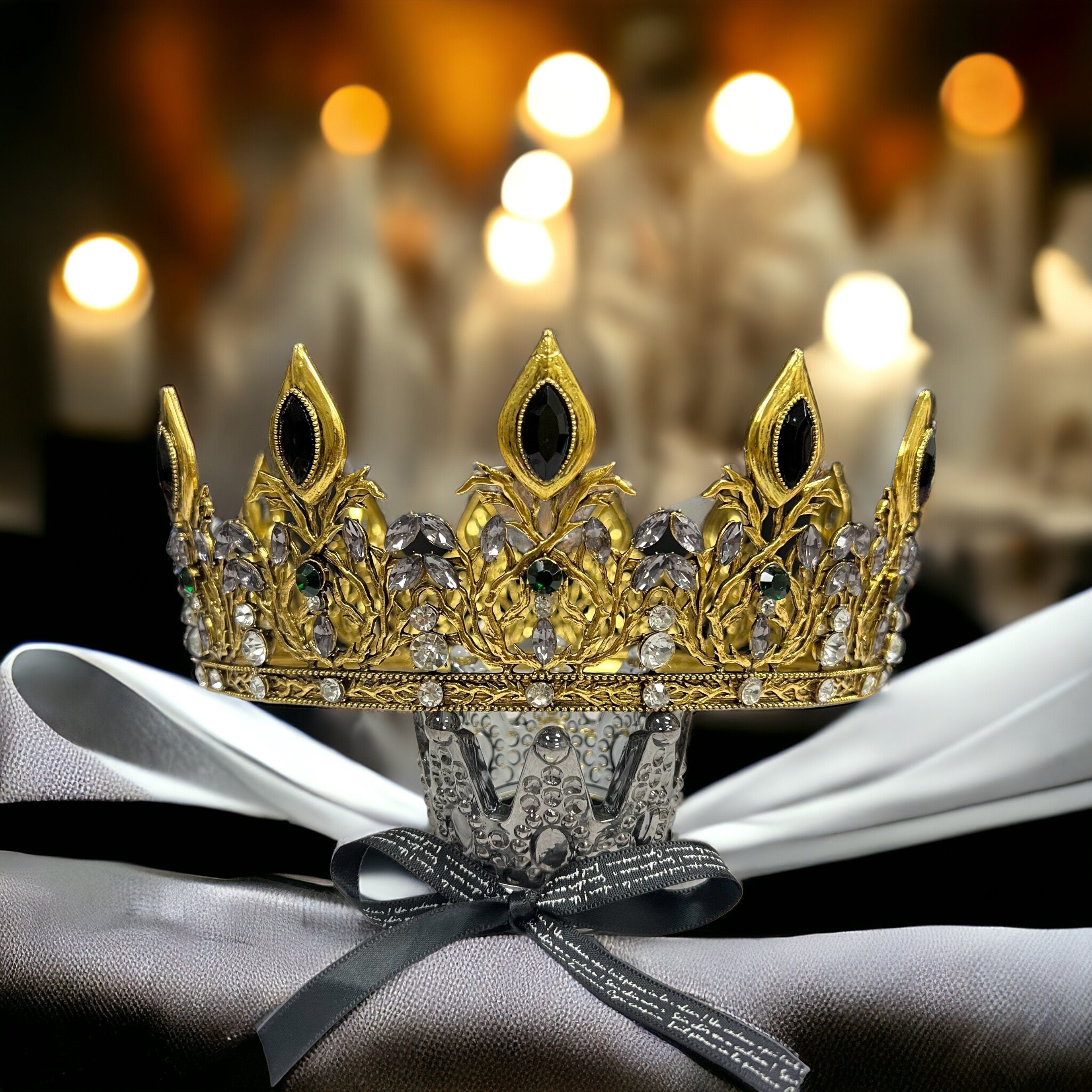 HappyJewelryWorld Gold King Crown with Black Sapphire Crystals XXL