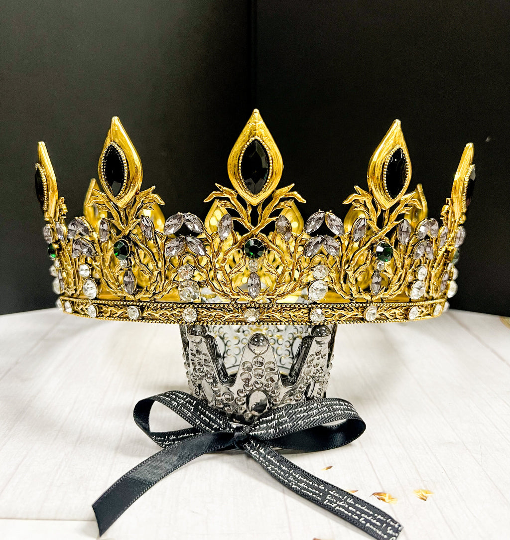 HappyJewelryWorld Gold King Crown with Black Sapphire Crystals XXL
