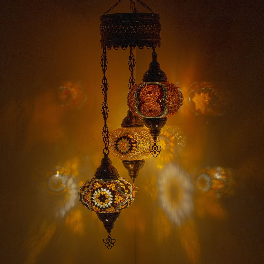 MoslandHome Handmade Turkish Mosaic Chandelier 3 Globe Antique Brass Pendant Lamp