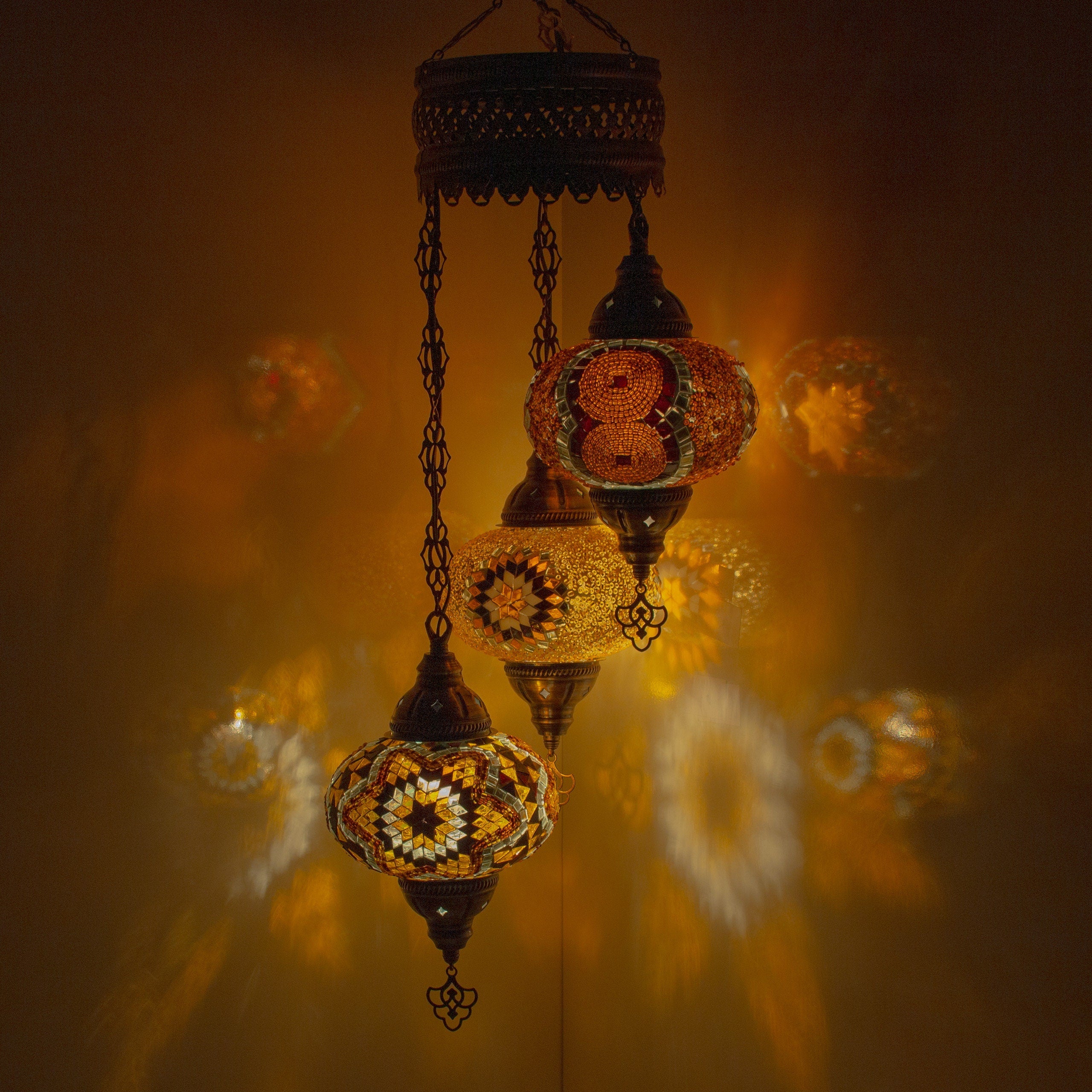 MoslandHome Handmade Turkish Mosaic Chandelier 3 Globe Antique Brass Pendant Lamp