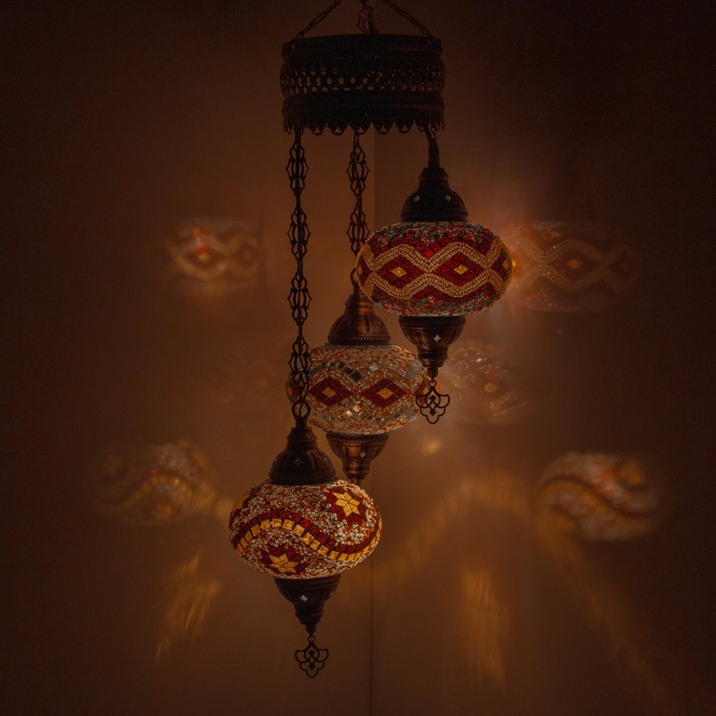 MoslandHome Handmade Turkish Mosaic Chandelier 3 Globe Antique Brass Pendant Lamp