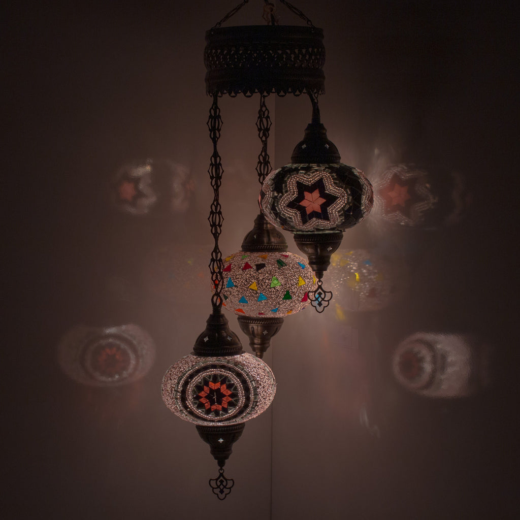 MoslandHome Handmade Turkish Mosaic Chandelier 3 Globe Antique Brass Pendant Lamp