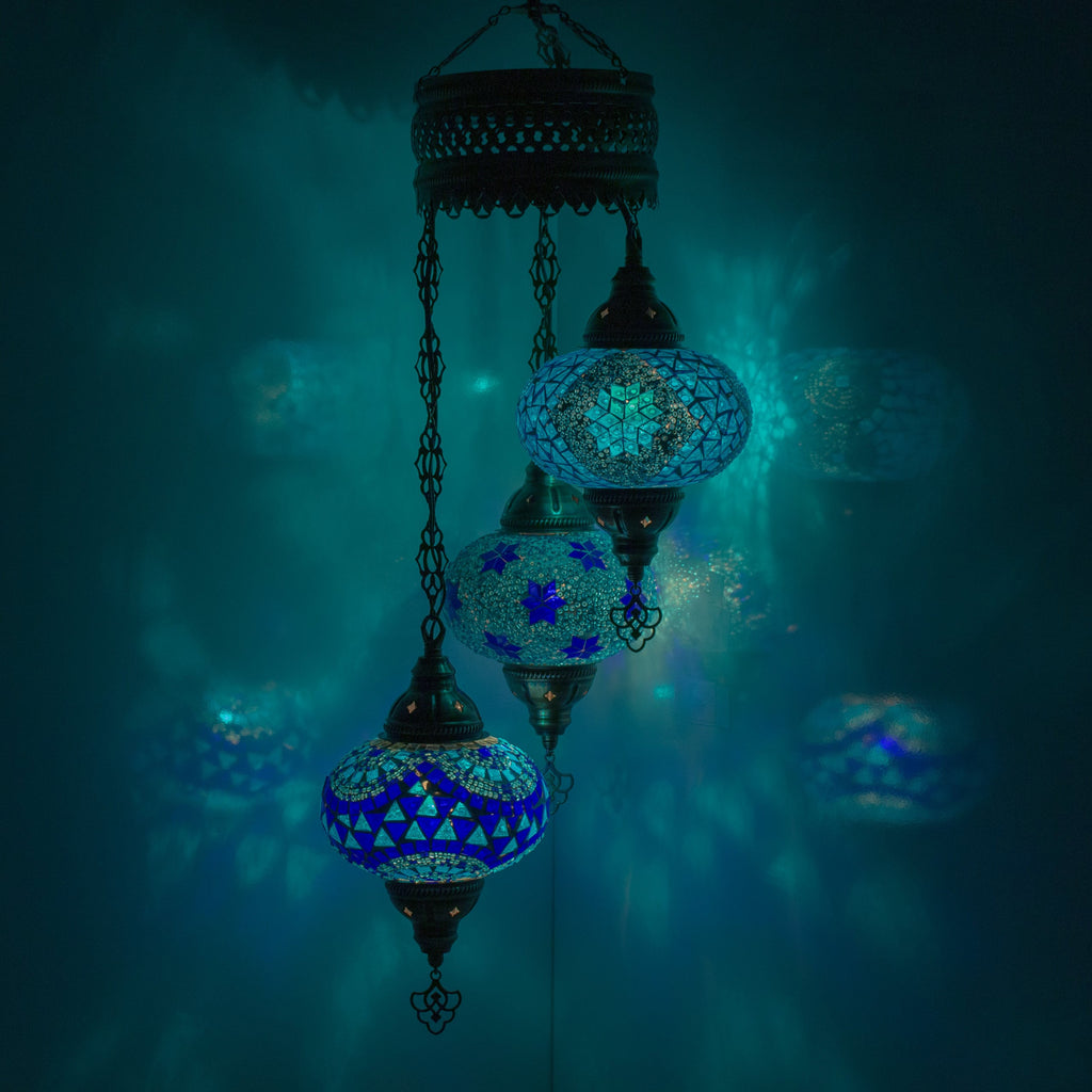 MoslandHome Handmade Turkish Mosaic Chandelier 3 Globe Antique Brass Pendant Lamp